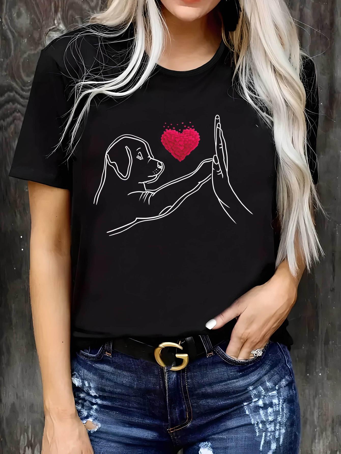 thumbnail image 1 of Dog Print Crew Neck T-Shirt, Casual Short Sleeve Top For Spring & Summer, Women's Clothing Tee For Adult, Men, Women, Teen, Teenager, Adolescent, Youth, 1 of 8