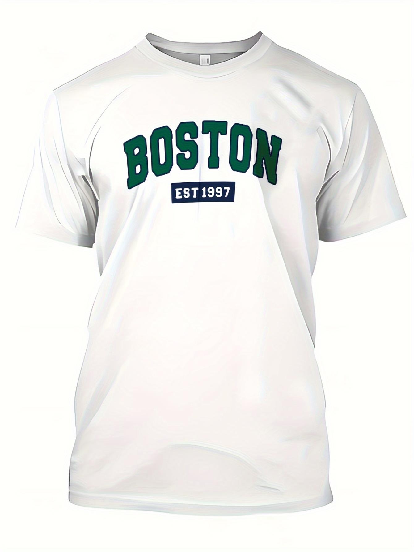 thumbnail image 3 of Men's Casual Short Sleeve T-Shirt with "BOSTON" 3D Digital Print, Polyester Knit Fabric, Round Neck, Regular Fit, Summer Street Style Fashion Top Tee For Adult, Men, Women, Teen, Teenager, Adolescent, 3 of 7