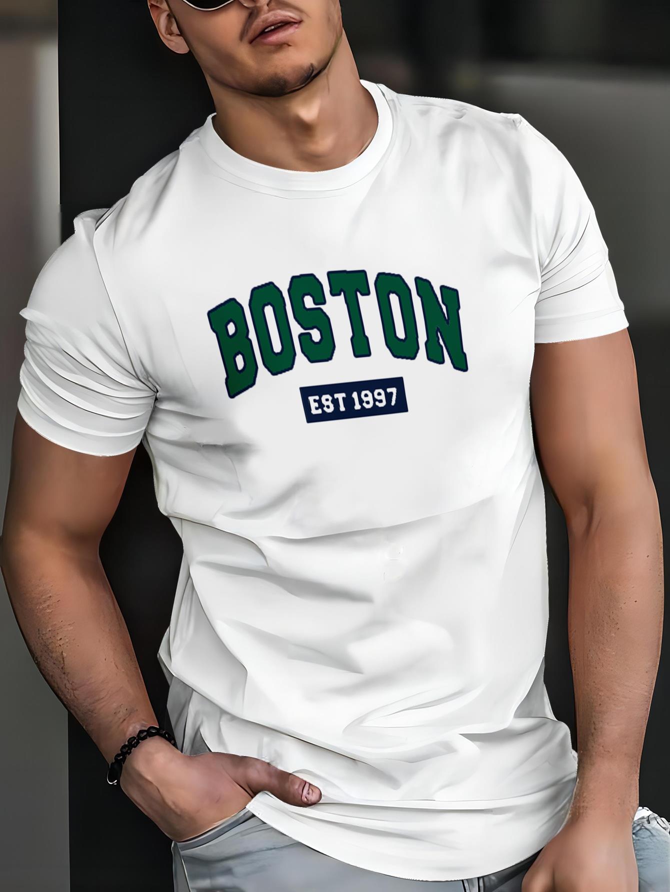 thumbnail image 2 of Men's Casual Short Sleeve T-Shirt with "BOSTON" 3D Digital Print, Polyester Knit Fabric, Round Neck, Regular Fit, Summer Street Style Fashion Top Tee For Adult, Men, Women, Teen, Teenager, Adolescent, 2 of 7