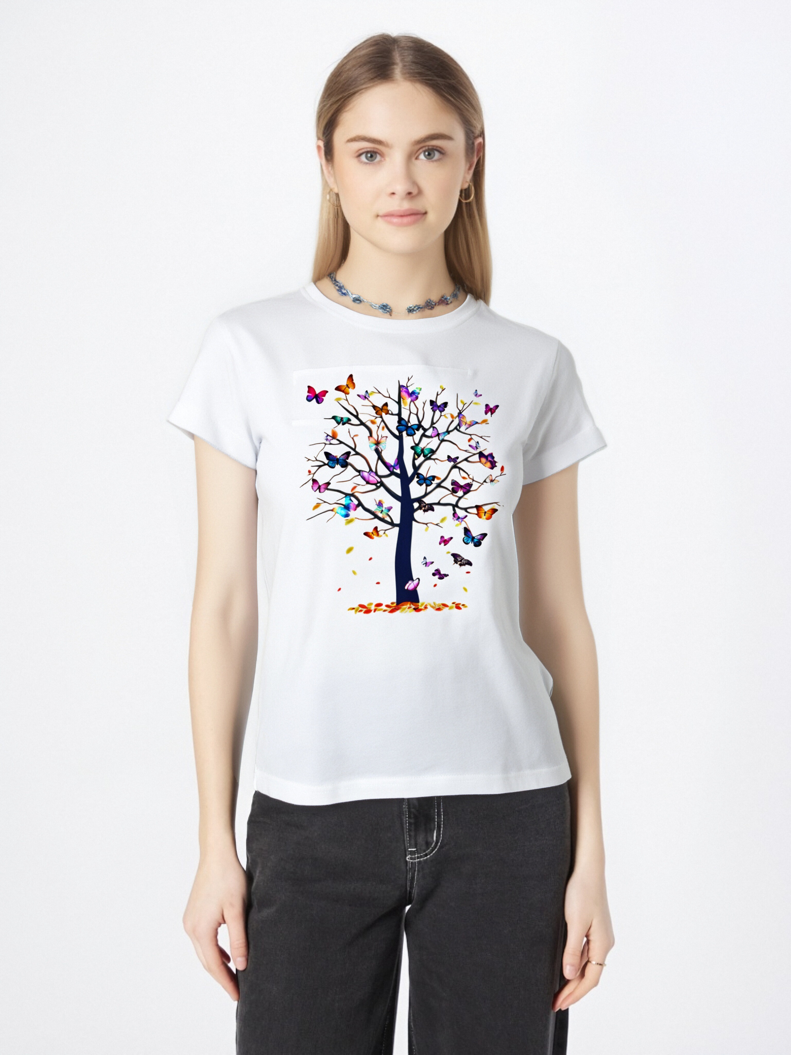 thumbnail image 1 of Butterfly Tree Print T-Shirt, Short Sleeve Casual Top For Summer & Spring, Women's Clothing Tee For Adult, Men, Women, Teen, Teenager, Adolescent, Youth, 1 of 7