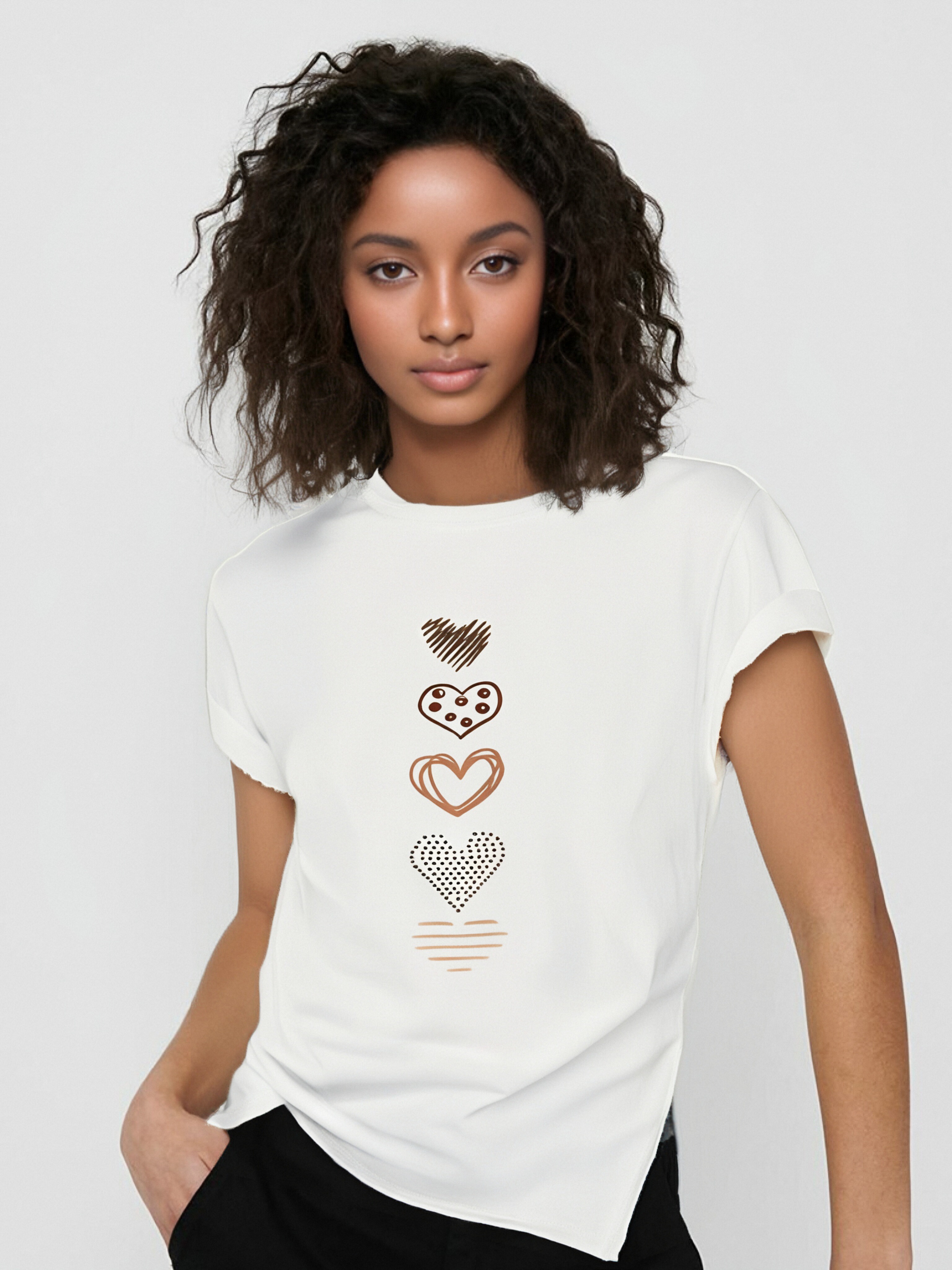 thumbnail image 1 of [Popular Choice] Women's Retro Style Black Heart Print T-Shirt - Round Neck, Short Sleeve, Polyester, Machine Washable for Summer Casual Sporty Look, Summer Casual Sporty, Fashion Tee For Adult, Men,, 1 of 8