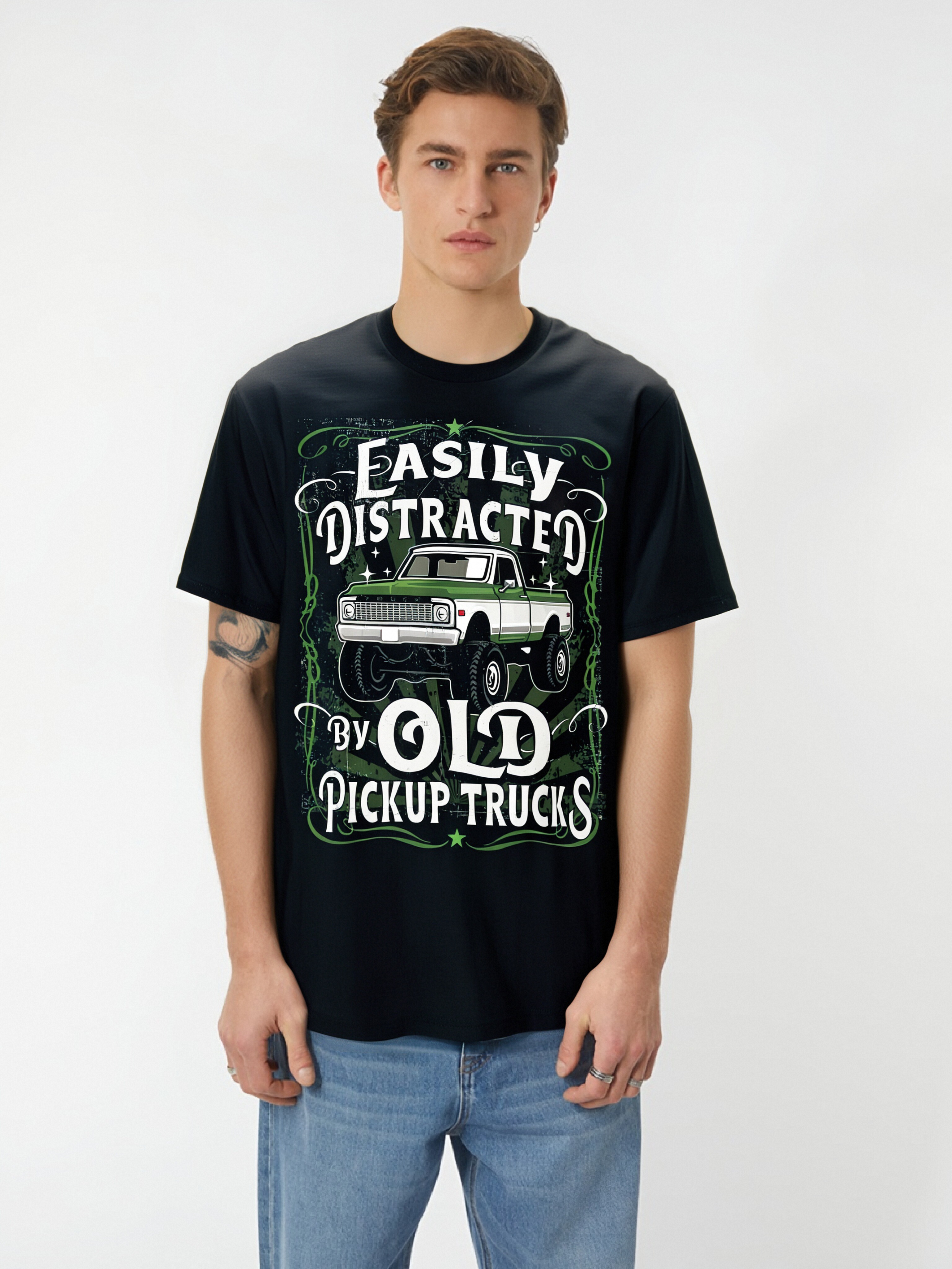 thumbnail image 1 of Easily Distracted By Old Pickup Trucks Easily Distracted By T-Shirt 100% Cotton - 220g Tee For Adult, Men, Women, Teen, Teenager, Adolescent,Youth, 1 of 7