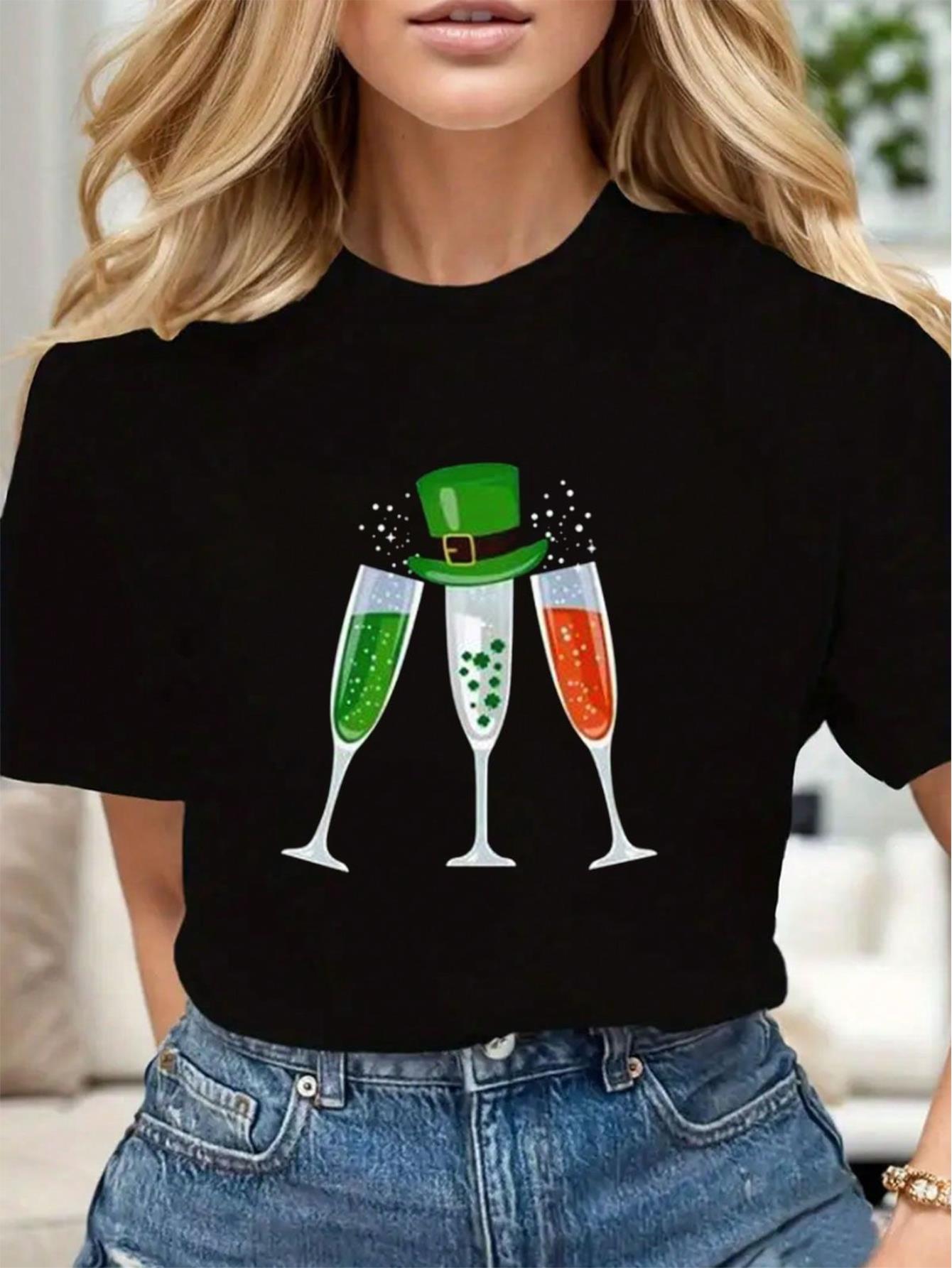 thumbnail image 1 of St. Patrick's Day And Wine Fashion Tee Women Cotton Soft Stylish Casual Short Sleeve Crew Neck Top, 1 of 6