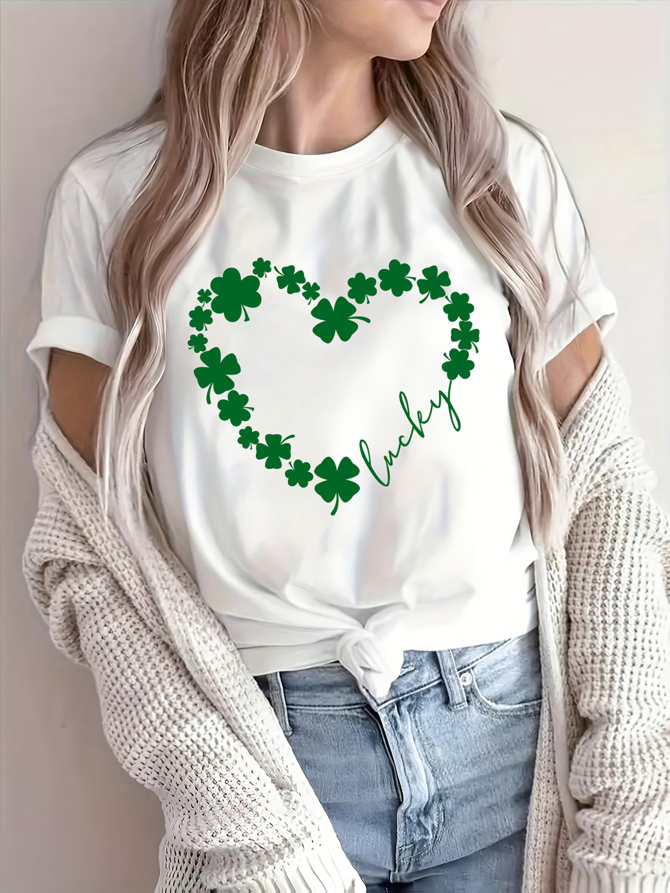 Women'S St. Patrick'S Day Lucky Clover Heart Print T-Shirt, Casual Crew Neck Short Sleeve Top, Polyester and Spandex Blend, Knit Fabric, Color Block, Regular Length, All Season - 180gsm