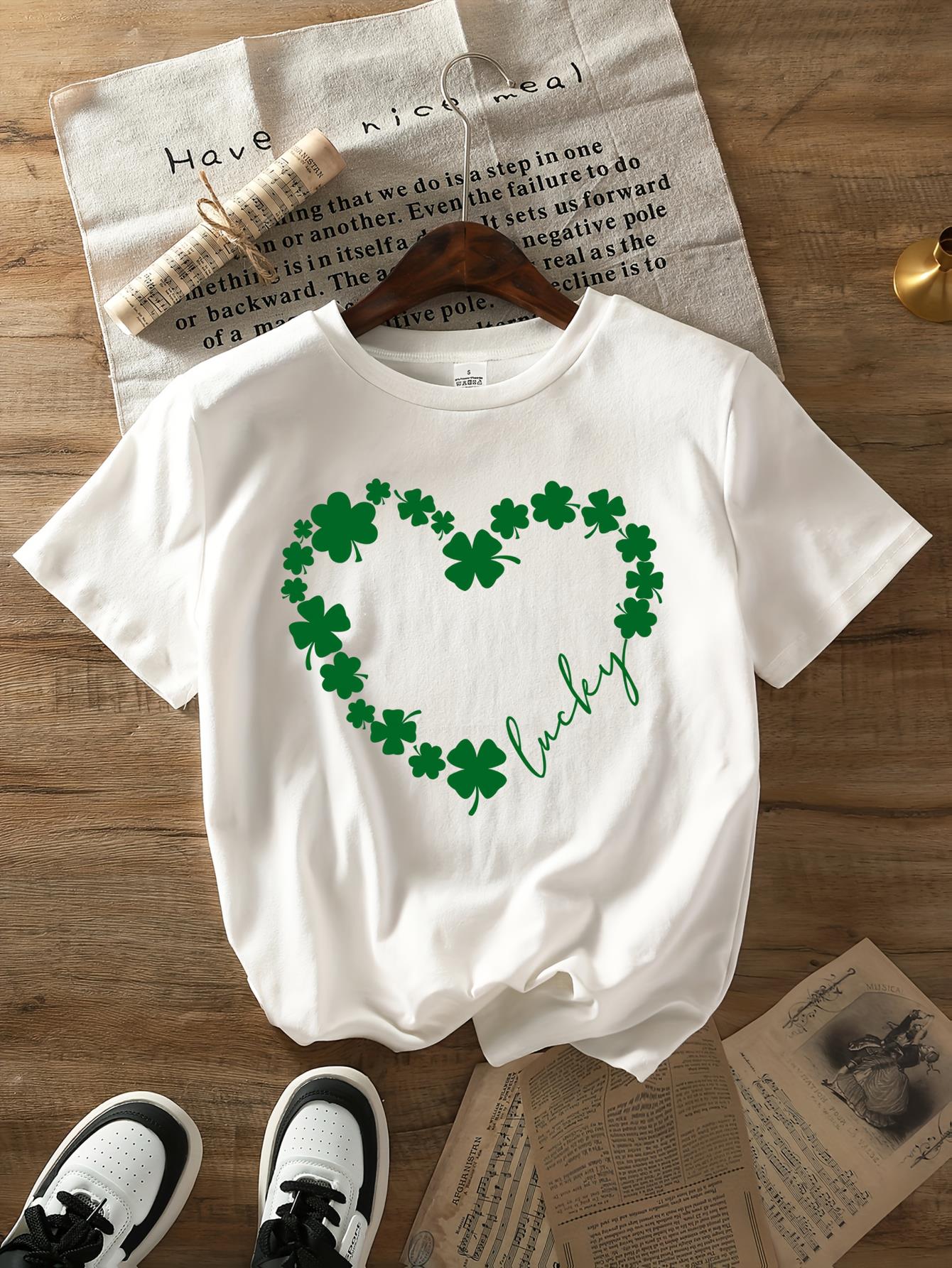 thumbnail image 3 of Women'S St. Patrick'S Day Lucky Clover Heart Print T-Shirt, Casual Crew Neck Short Sleeve Top, Polyester and Spandex Blend, Knit Fabric, Color Block, Regular Length, All Season - 180gsm, 3 of 5