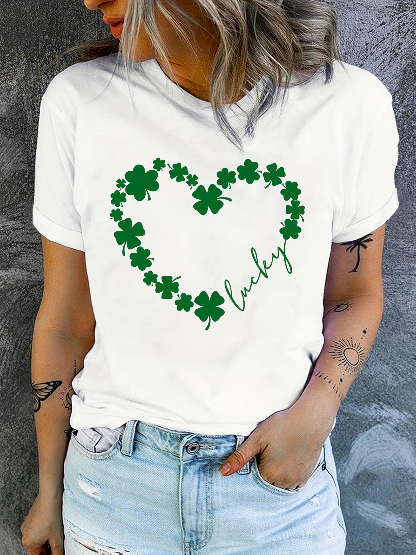 thumbnail image 2 of Women'S St. Patrick'S Day Lucky Clover Heart Print T-Shirt, Casual Crew Neck Short Sleeve Top, Polyester and Spandex Blend, Knit Fabric, Color Block, Regular Length, All Season - 180gsm, 2 of 5