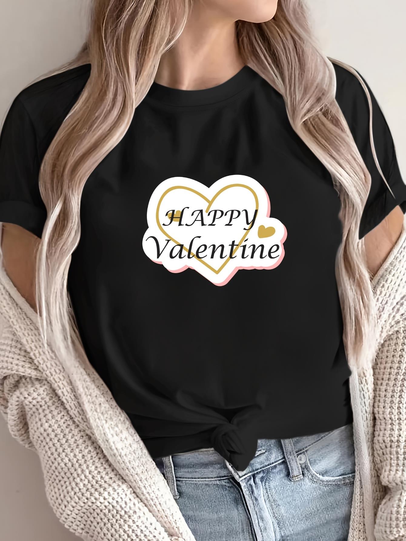 thumbnail image 1 of 1pc Women'S Valentine'S Day T-Shirt - Casual Cotton Crew Neck, Short Sleeve Top with Heart & Flower Print, Soft Knit Fabric, Regular Length, Summer Style, 1 of 5
