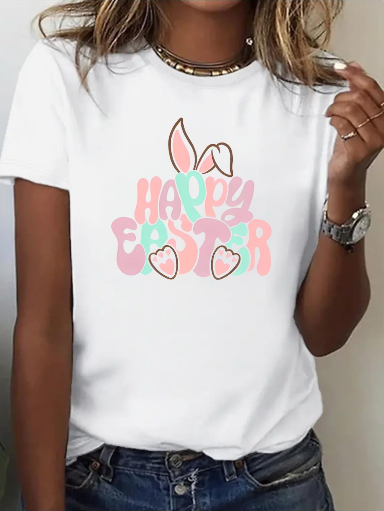 thumbnail image 2 of Women's Easter Bunny Graphic T-Shirt - Casual Crew Neck, Short Sleeve, Machine Washable - White with Colorful Lettering and Rabbit Design, Perfect for Spring, Summer Top|Easter Themed|Knit Texture, 2 of 8