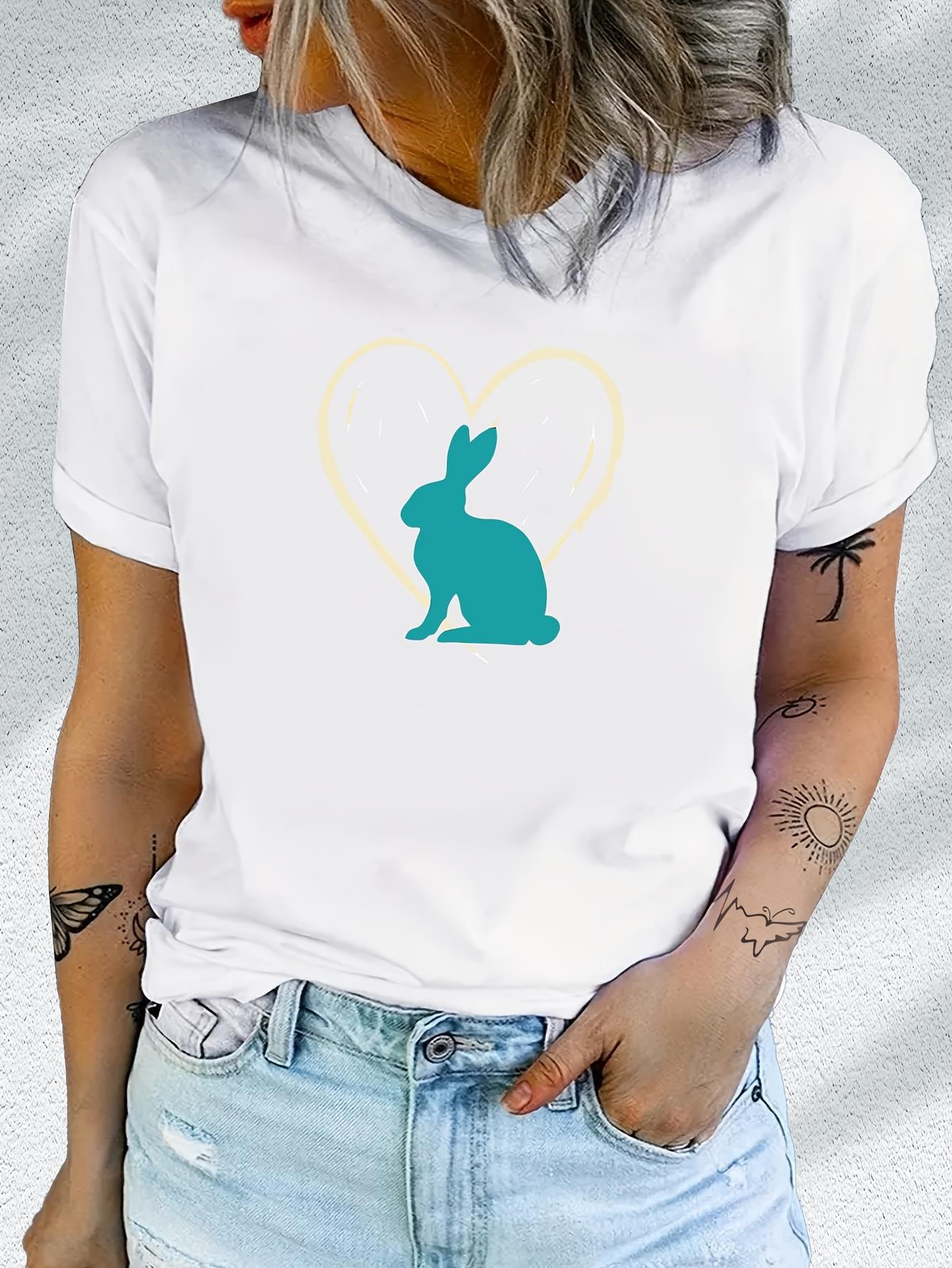 thumbnail image 2 of Women's Heather Gray Graphic Tee with Rabbit & Heart Design - Casual Short Sleeve Crew Neck Top, Perfect for Spring & Summer, Leisure Style, 2 of 5