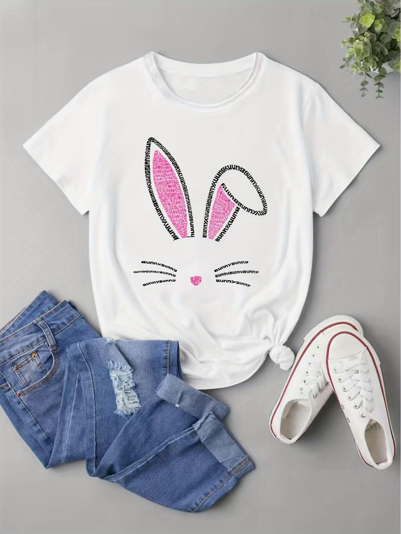 thumbnail image 2 of Bunny Print T-Shirt, Casual Crew Neck Short Sleeve T-Shirt, Women's&nbspClothing, 2 of 8