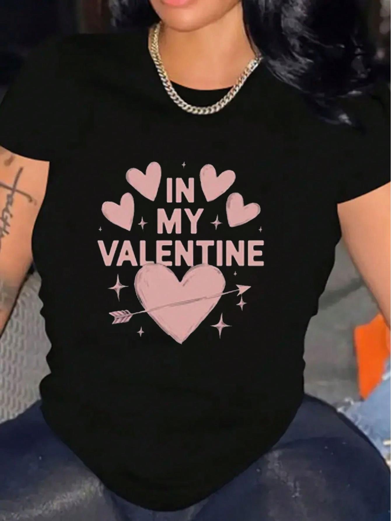 Valentine's Day Heart Graphic Printed T-Shirt, Casual Round Neck Short Sleeve Cotton Casual Streetwear
