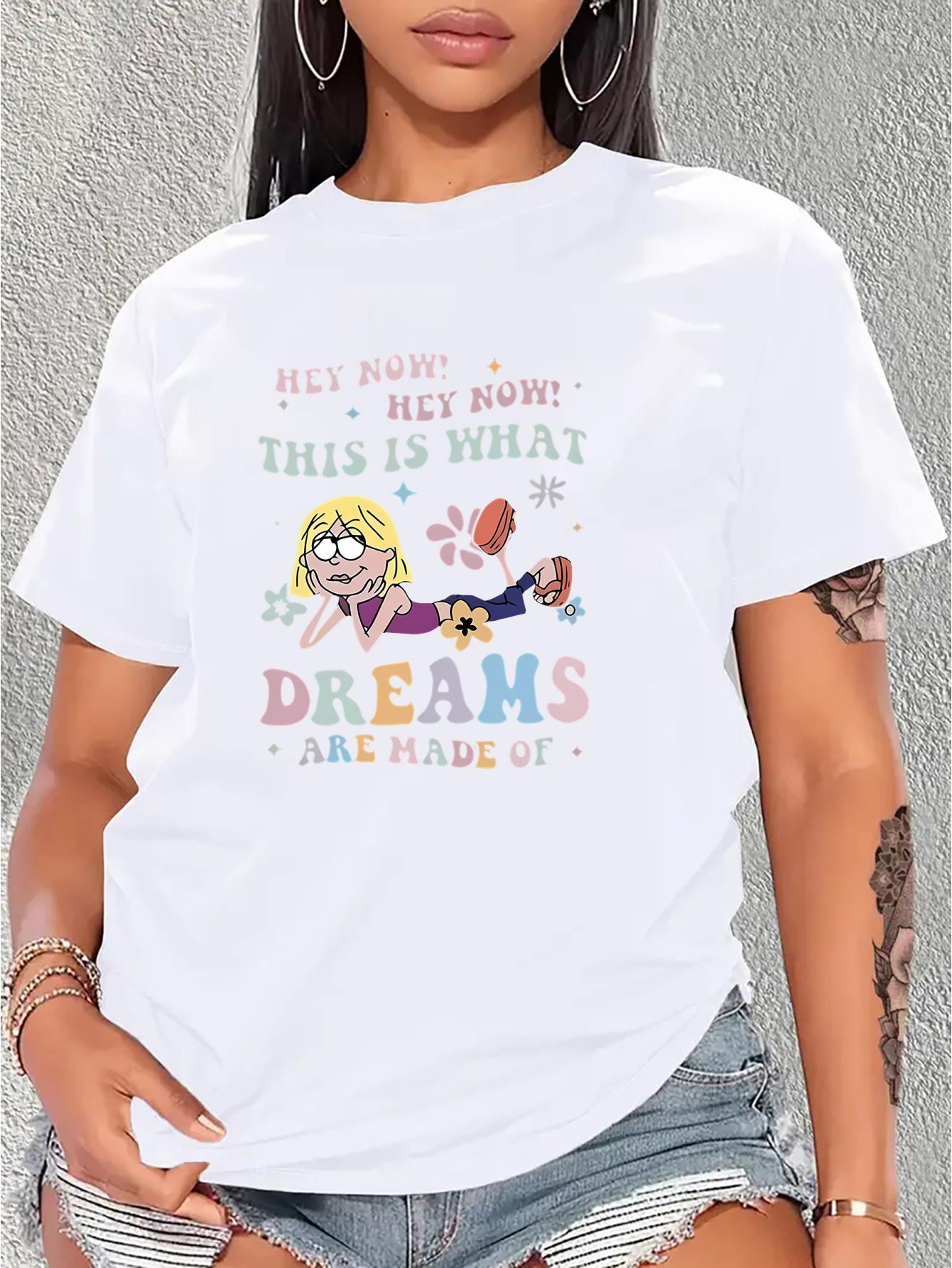 thumbnail image 2 of Women's Fashion "This is What Dreams Are Made Of" Cartoon Print T-Shirt, Casual Sporty Short Sleeve Round Neck Tee, Comfortable Summer & Spring Top, All-Season, Solid Color, Ladies' T-Shirt, 2 of 8