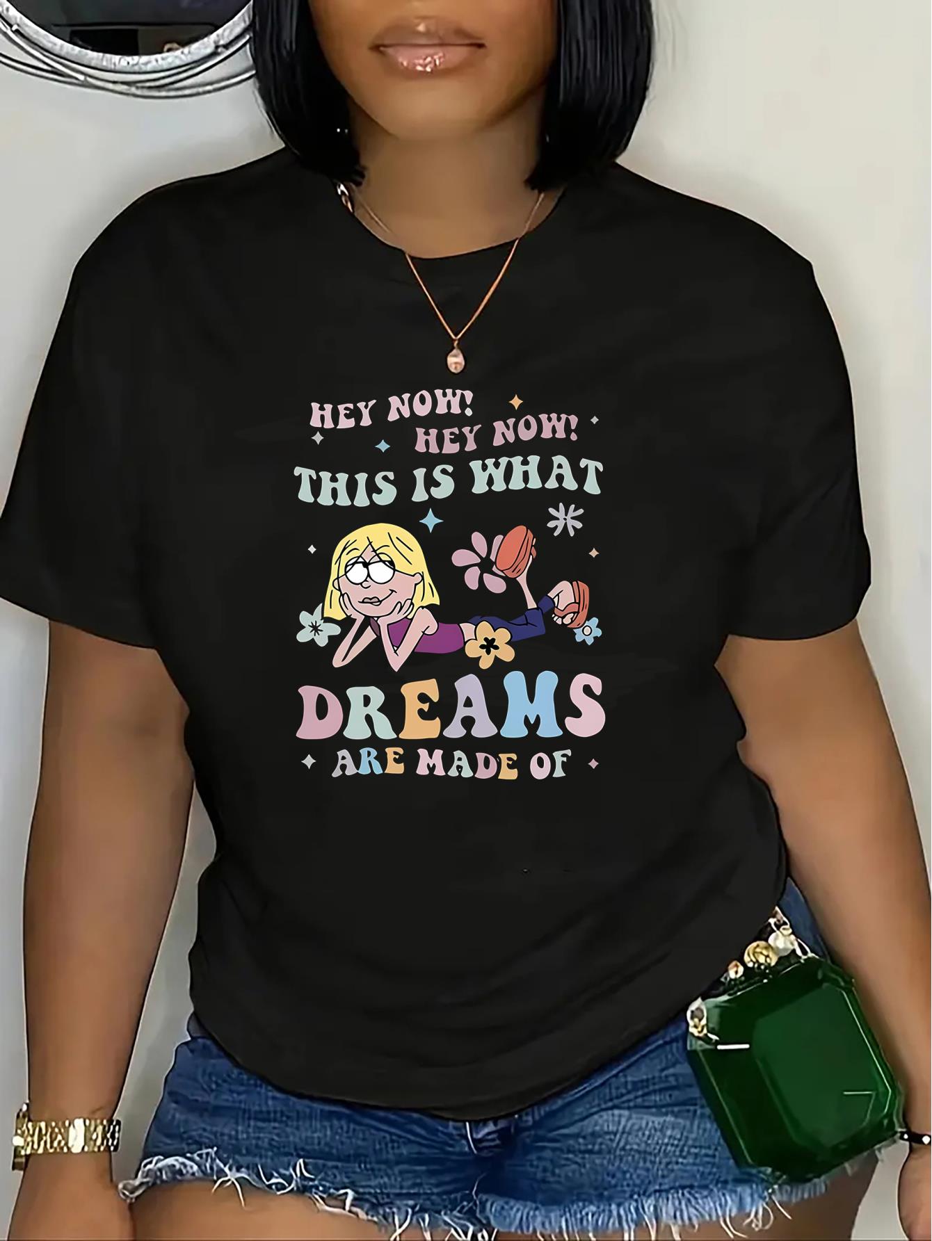 thumbnail image 1 of Women's Fashion "This is What Dreams Are Made Of" Cartoon Print T-Shirt, Casual Sporty Short Sleeve Round Neck Tee, Comfortable Summer & Spring Top, All-Season, Solid Color, Ladies' T-Shirt, 1 of 8