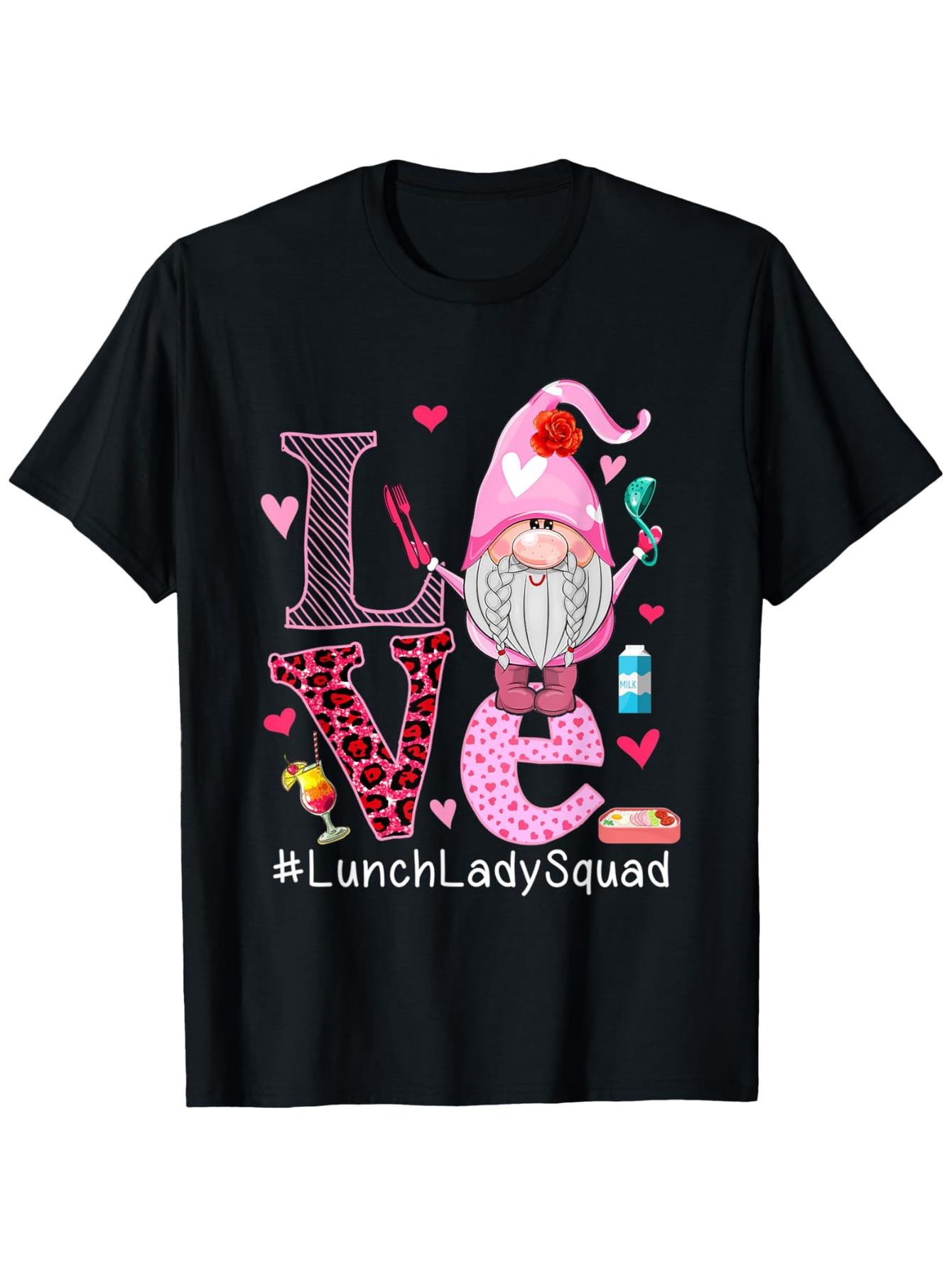 thumbnail image 2 of Love Lunch Lady Squad - Cute Valentine's Day Gnome Print T-Shirt, 100% Cotton, Soft & Breathable, Perfect Gift for Men & Women, Sizes S-XXXL, Black, 2 of 5