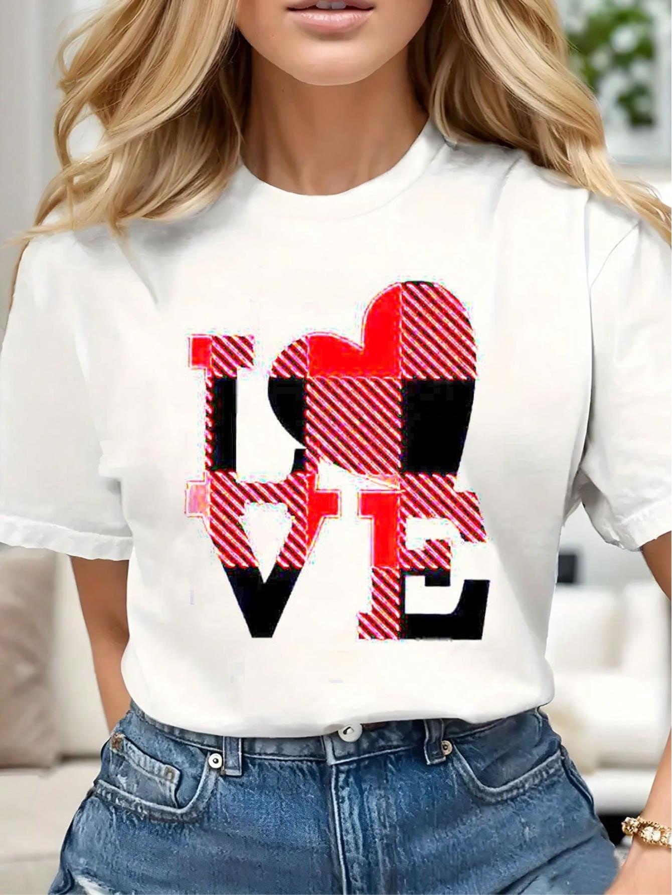Valentine's Day Heart Pattern T-Shirt Stylish Crew Neck Women's Casual Round Neck Short Sleeve
