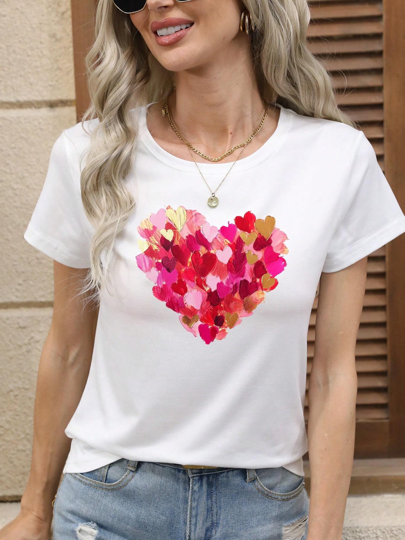 thumbnail image 1 of Women Heart Shape 3D Print Short Sleeve Crew Neck T-Shirt, Spring/Summer Outfit For Valentine's Day, 1 of 5