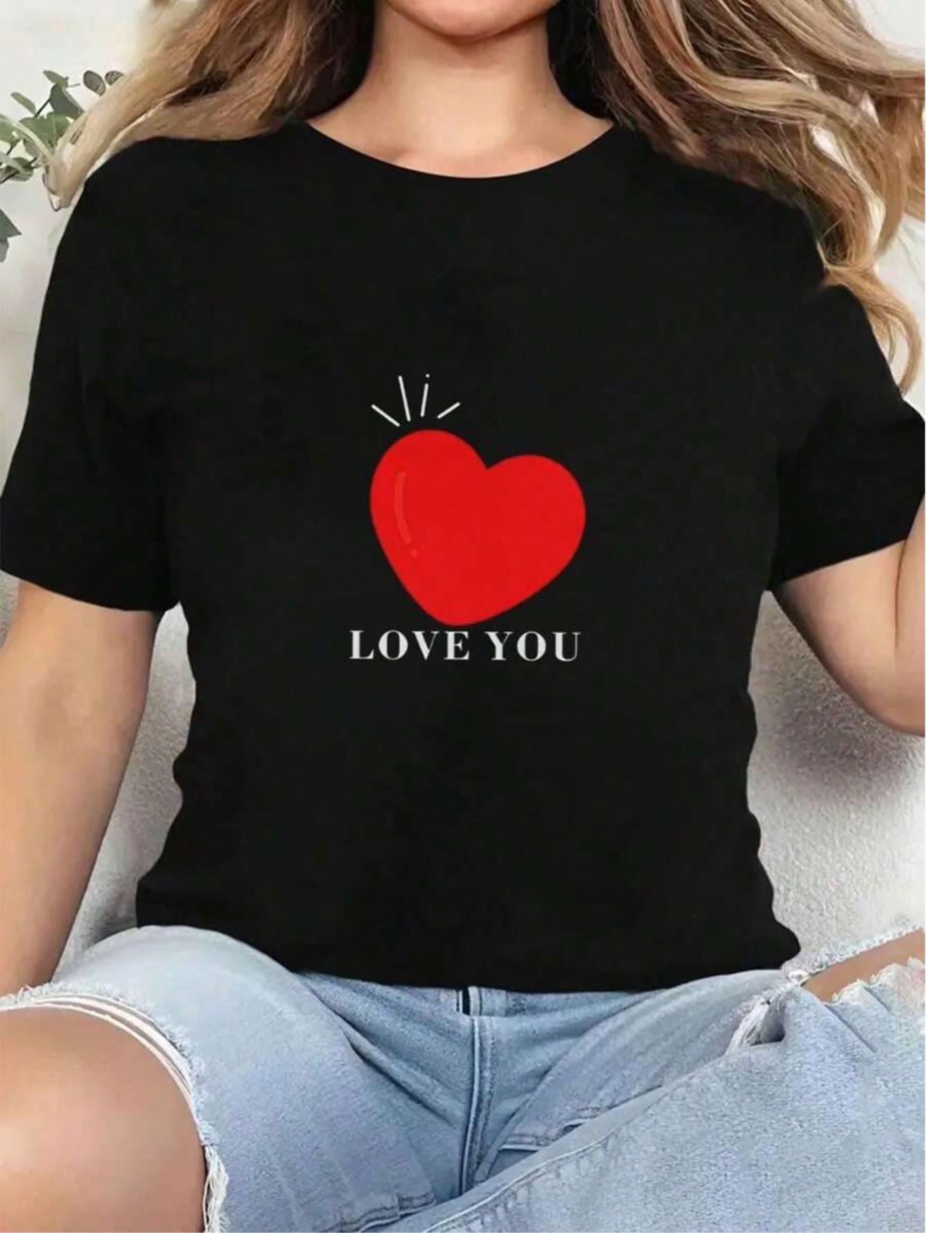Valentine Day T-Shirt Print Round Neck Short Sleeve T-Shirt For Women Casual Summer Women Top Graphic Tees Love Heart