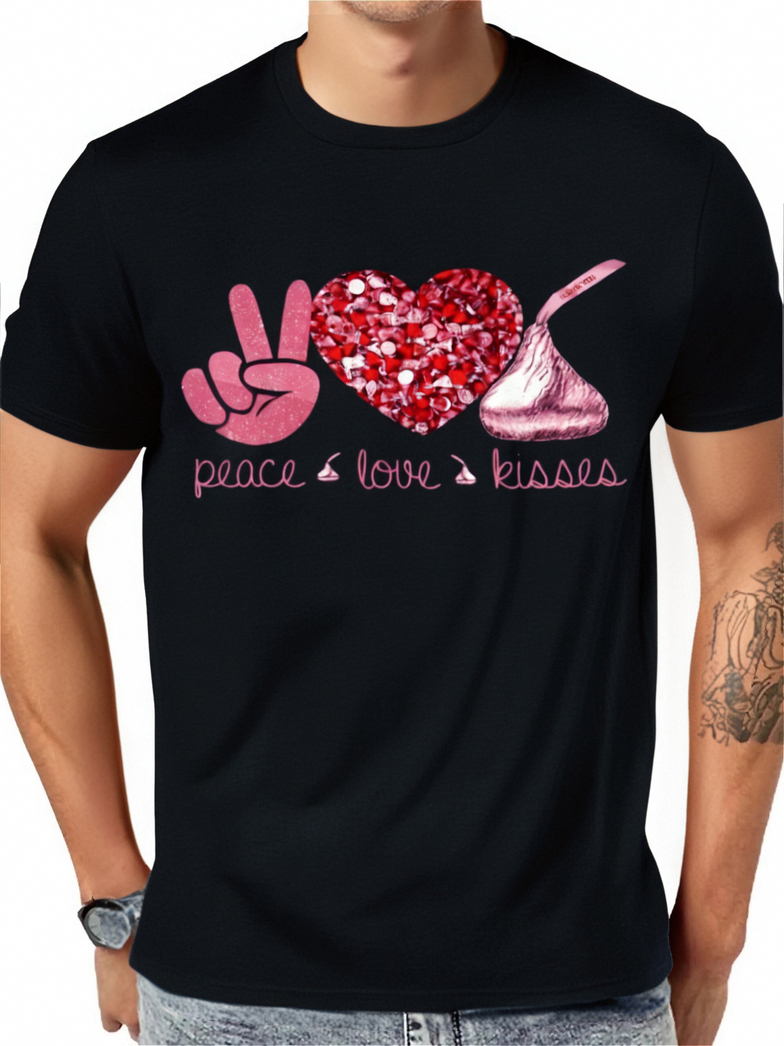 thumbnail image 1 of Valentine's Day 'Peace, Love & Kisses' Graphic Tee - 100% Cotton, Durable & Soft, Black with Pink Heart & Chocolate Design - Casual Round Neck T-Shirt for Men, Women, Dad, Mom, Friends - Valentine's, 1 of 6