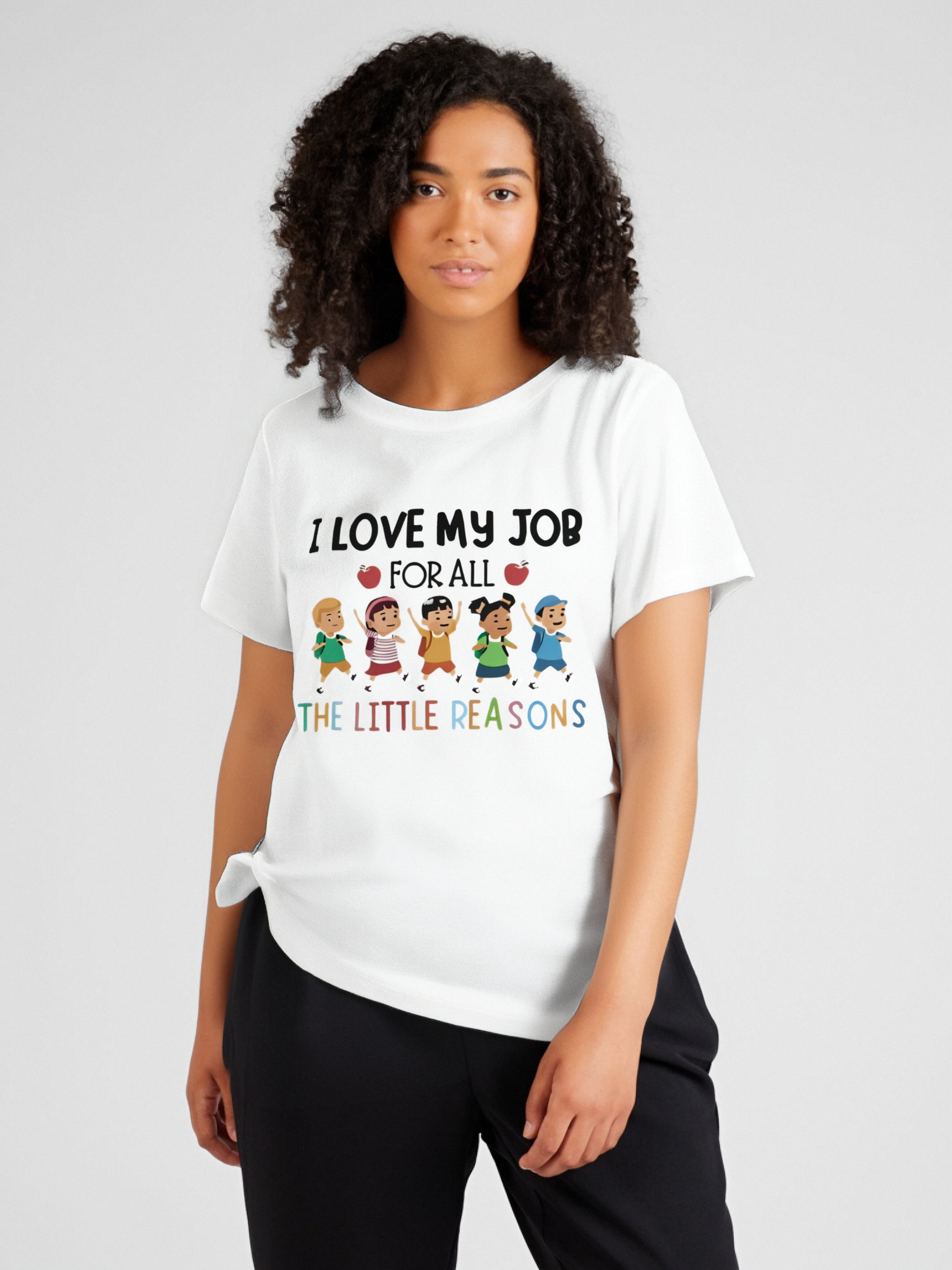thumbnail image 1 of Women's Casual Short Sleeve Round Neck T-Shirt With 'I Love My Job For All The Reasons' Graphic Print, Summer Teachers' Day Tee Graphic Tees Women Tops, 1 of 8