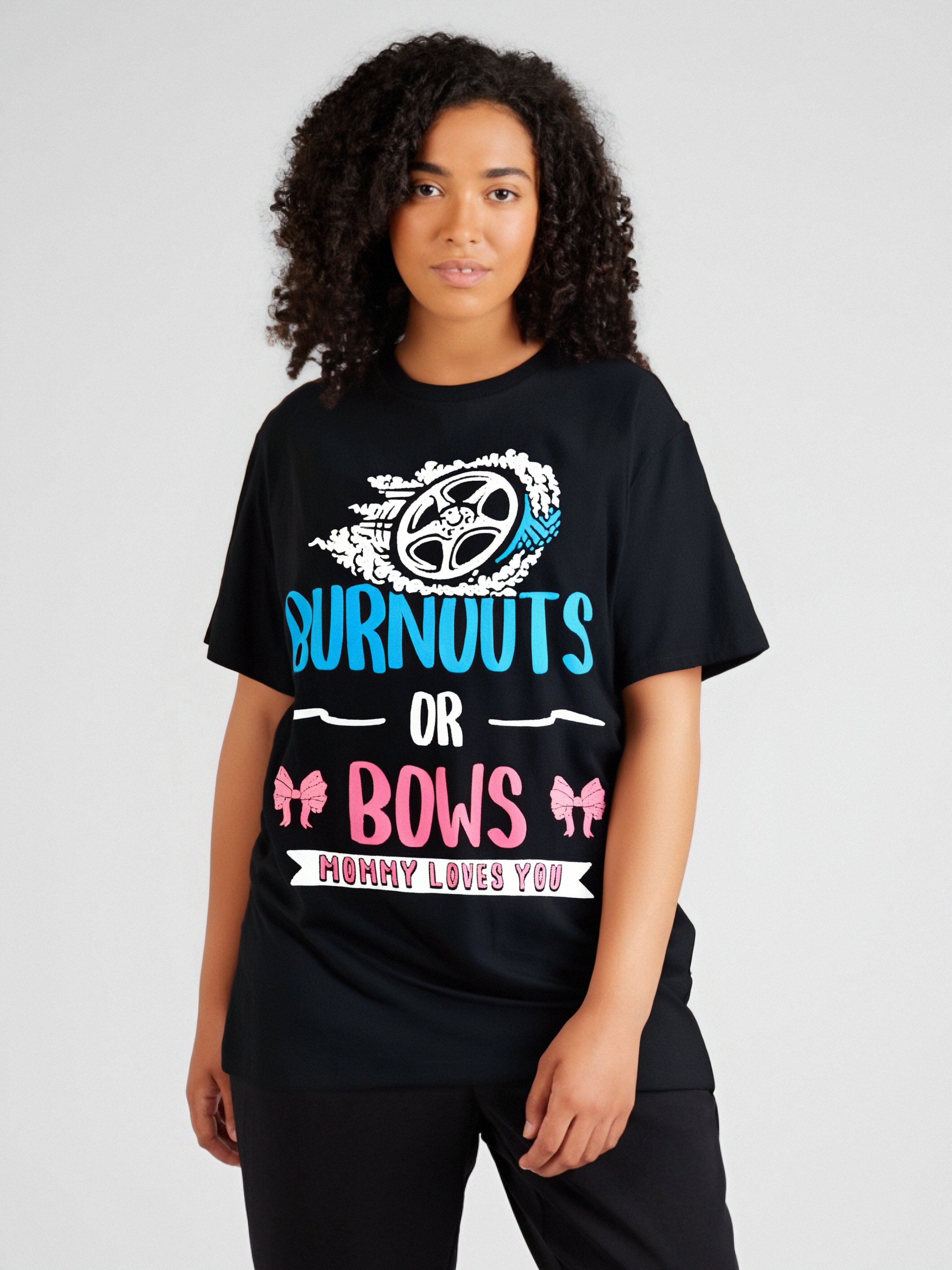 thumbnail image 1 of Mommy Burnouts or Bows Gender Reveal Baby Party Announcement T-Shirt, 1 of 7