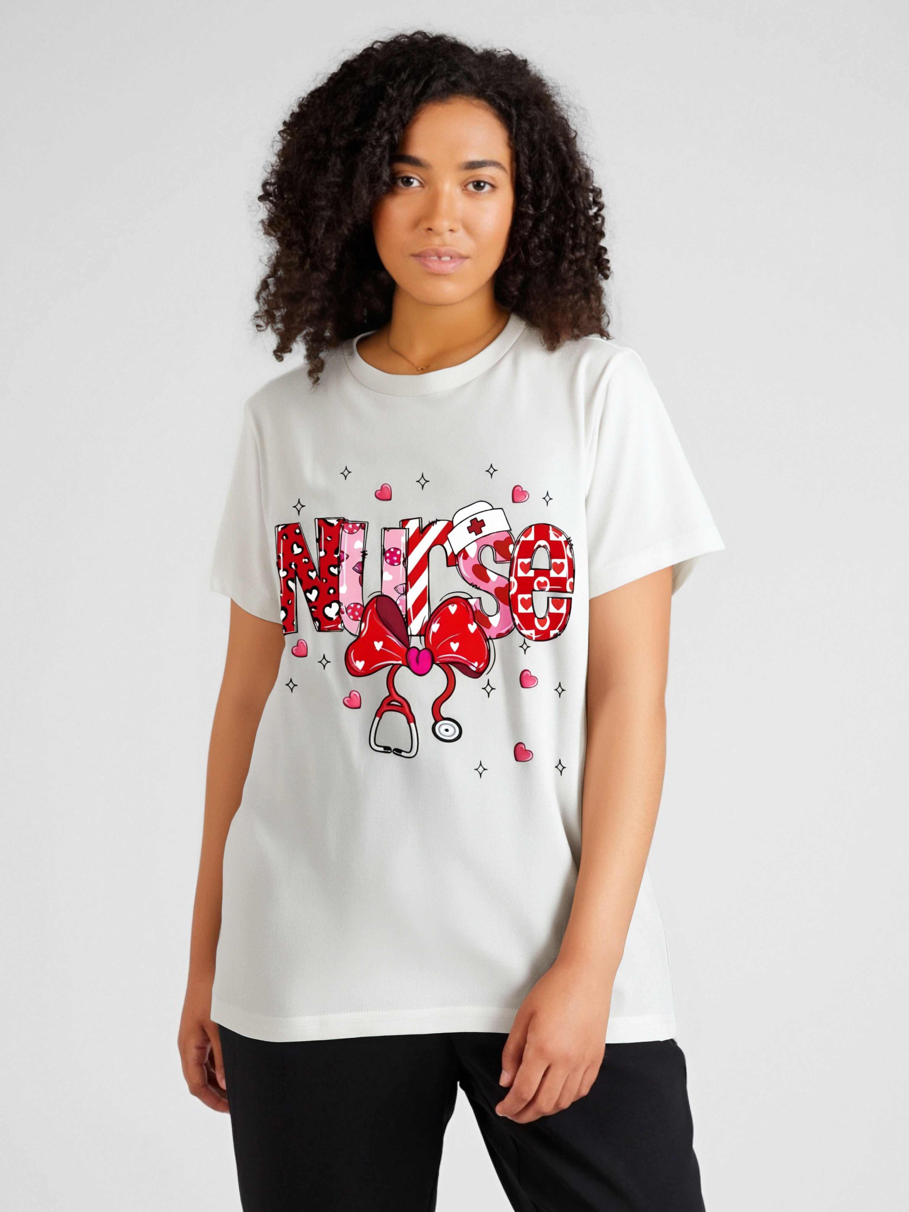 Nurse Valentine's Day Seductive Bow Graphic Print T-shirt, Short Sleeve Crew Neck Casual Top For Summer & Spring, Women's Clothing