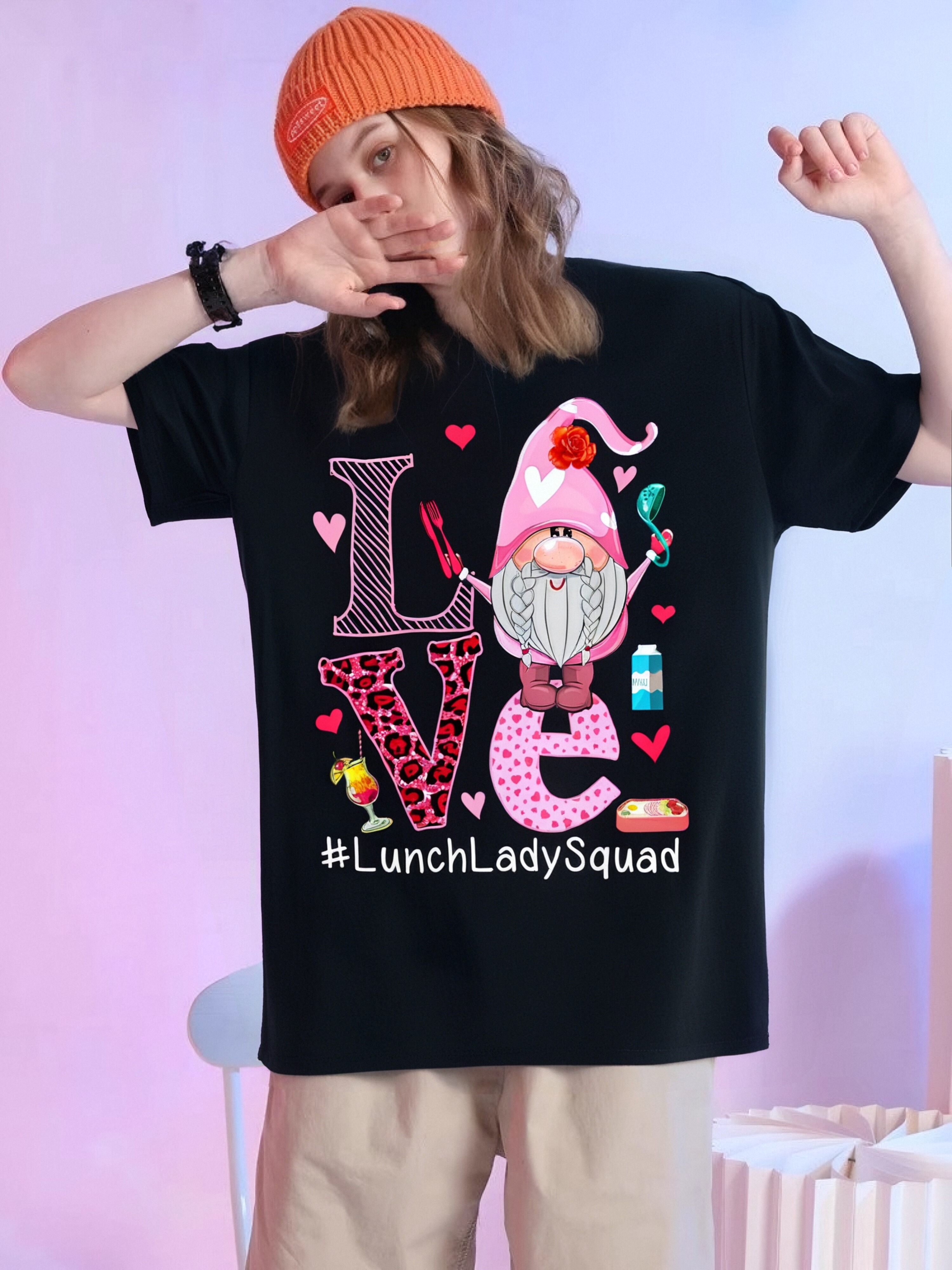 thumbnail image 5 of Love Lunch Lady Squad - Cute Valentine's Day Gnome Print T-Shirt, 100% Cotton, Soft & Breathable, Perfect Gift for Men & Women, Sizes S-XXXL, Black, 5 of 5
