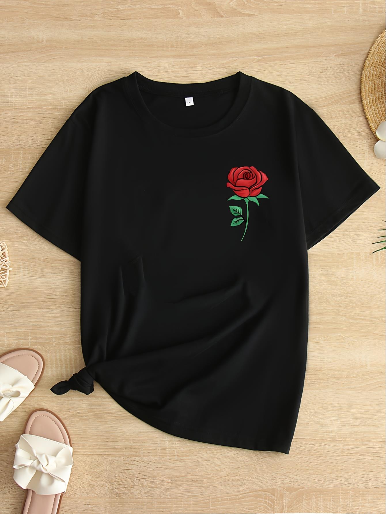 thumbnail image 1 of Floral Embroidered T-Shirt for Women, Casual Crew Neck Short Sleeve Top, Knit Fabric with Slight Stretch, for All Season Wear, 1 of 8