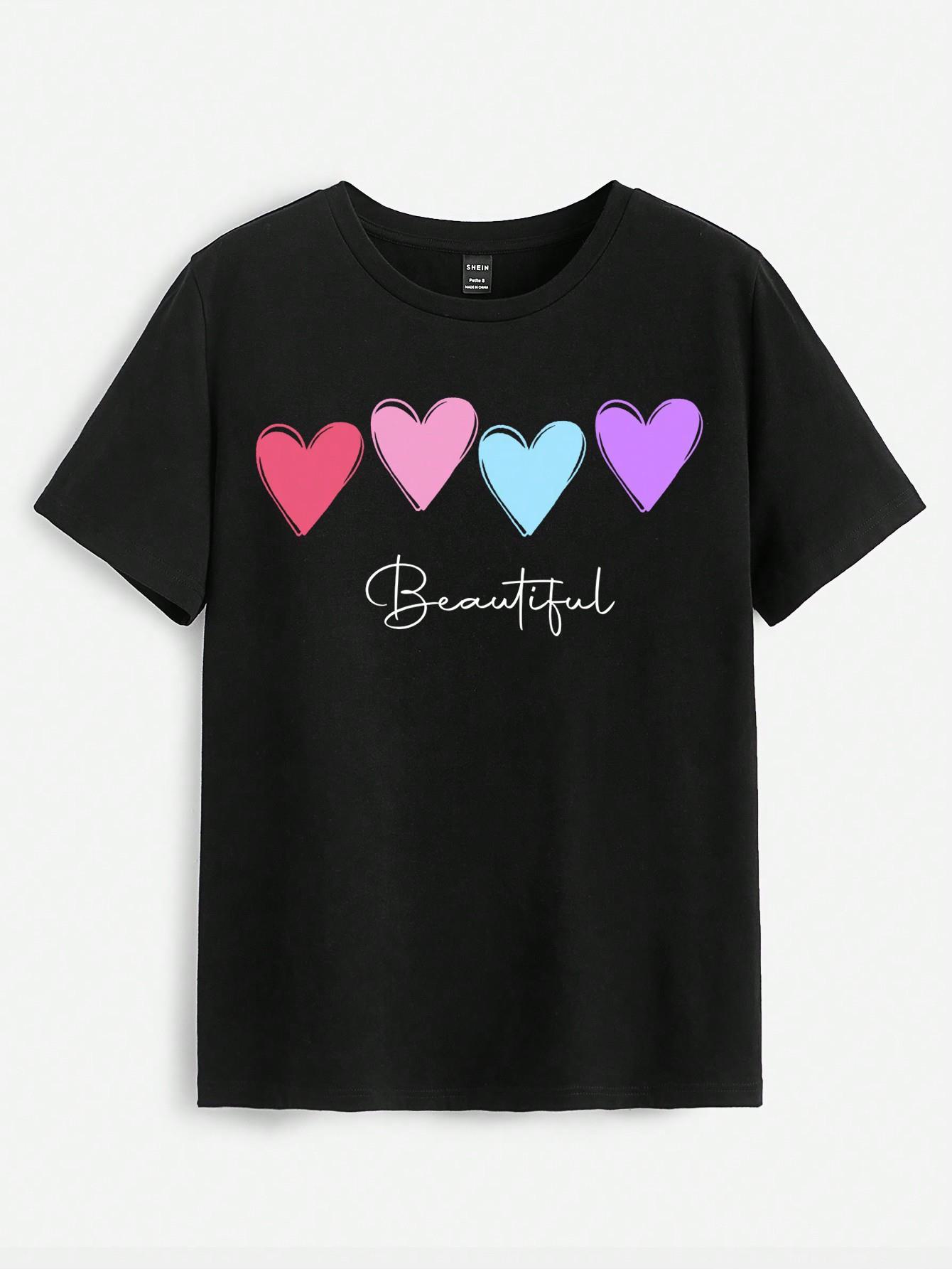 thumbnail image 1 of Casual Heart, Letter Printed Round Neck Short Sleeve Women's T-Shirts, Summer Tee, 1 of 4