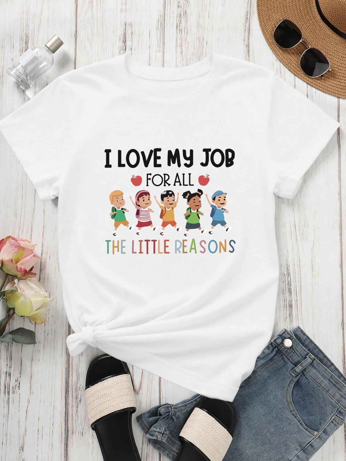 thumbnail image 2 of Women's Casual Short Sleeve Round Neck T-Shirt With 'I Love My Job For All The Reasons' Graphic Print, Summer Teachers' Day Tee Graphic Tees Women Tops, 2 of 8
