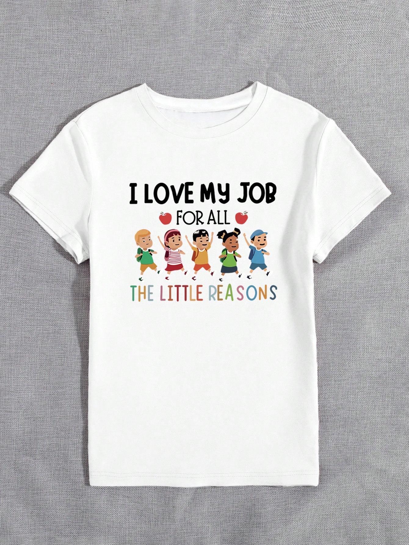 thumbnail image 3 of Women's Casual Short Sleeve Round Neck T-Shirt With 'I Love My Job For All The Reasons' Graphic Print, Summer Teachers' Day Tee Graphic Tees Women Tops, 3 of 8