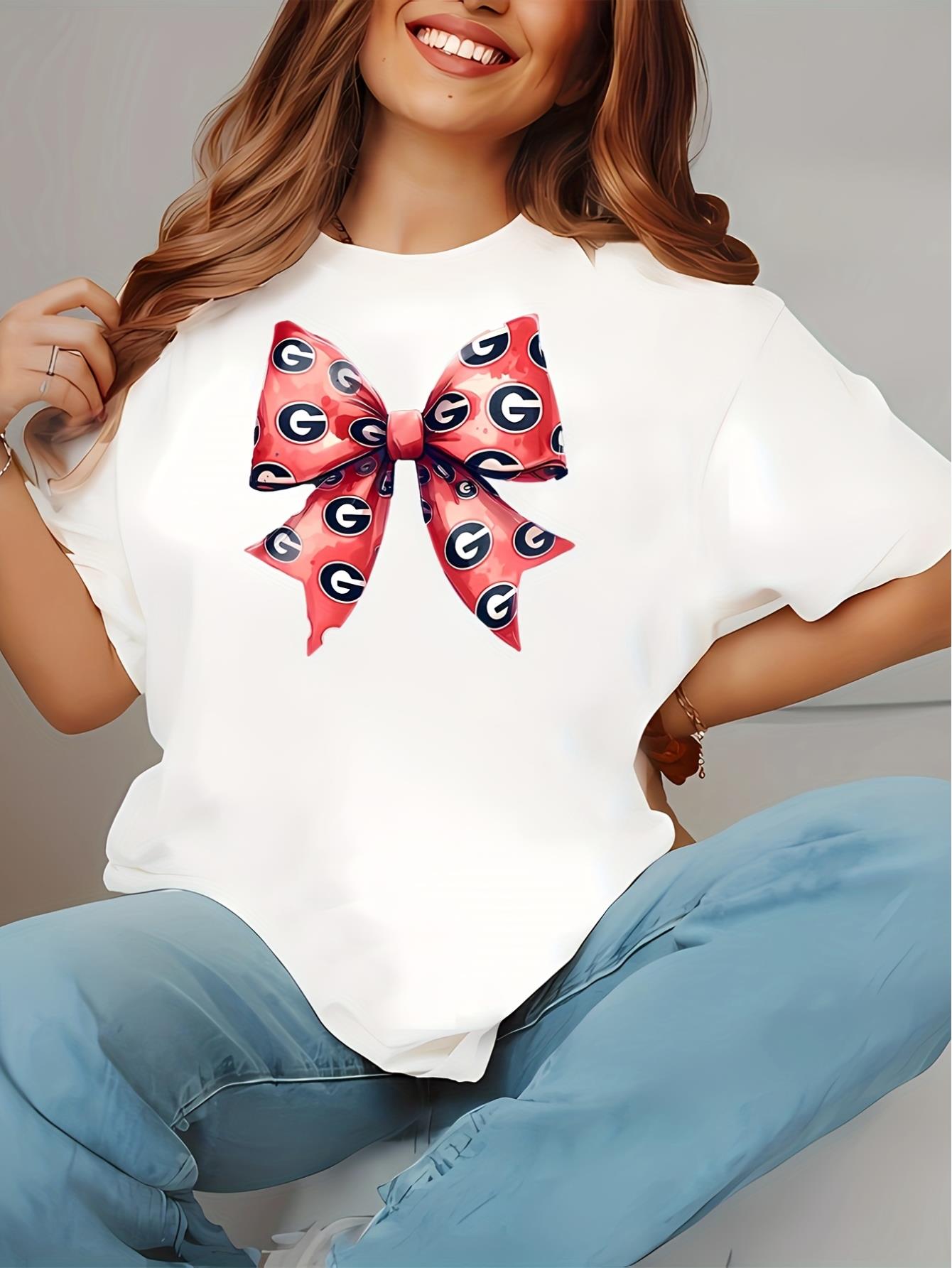 Women's Elegant Bowknot T-Shirt, Geometric Pattern, Casual Crew Neck, All-Season Fashion Top