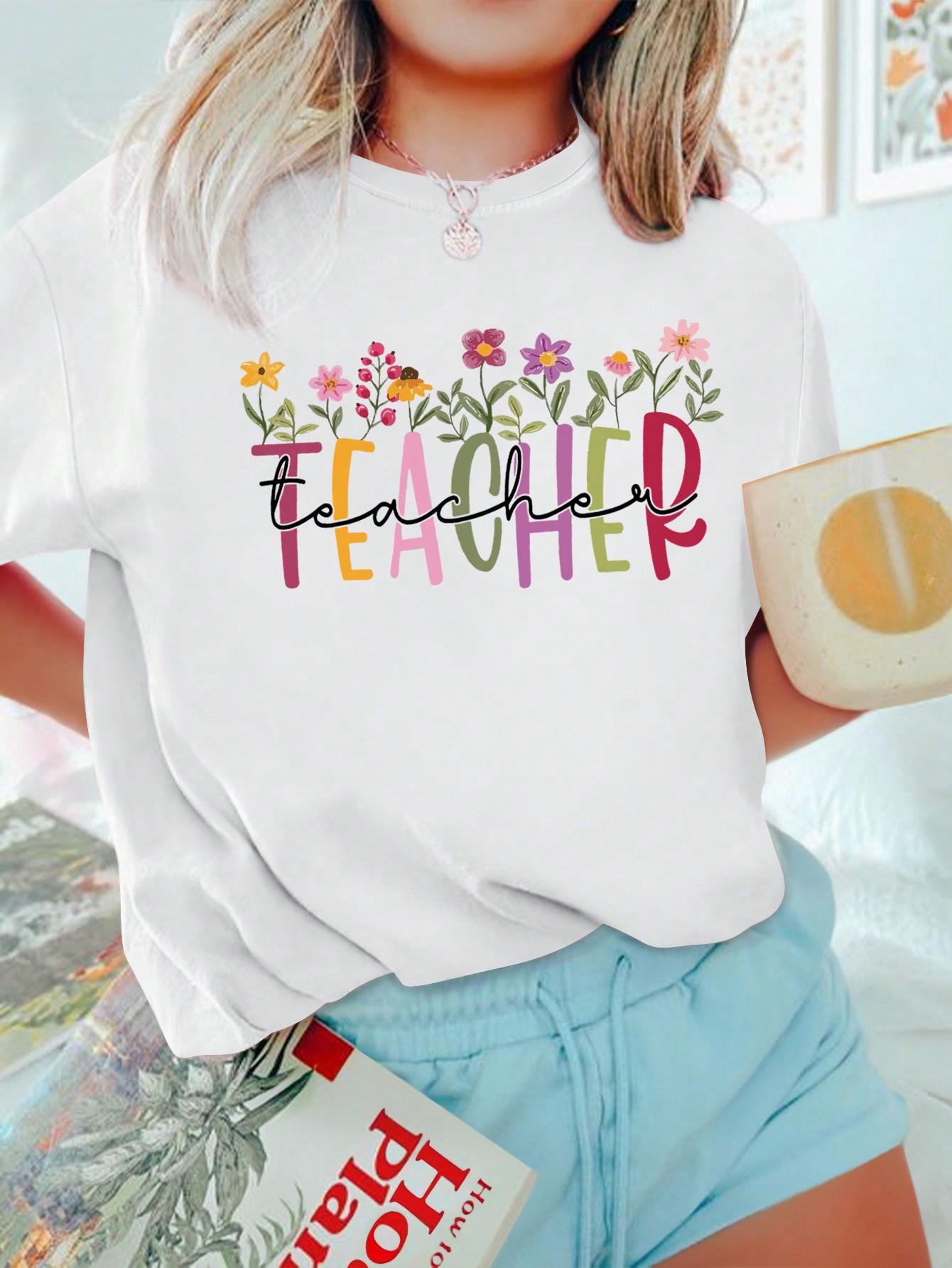 thumbnail image 1 of Women Summer Casual Flower & Letter Printed Short Sleeve T-Shirt Graphic Tees Women Tops, 1 of 5