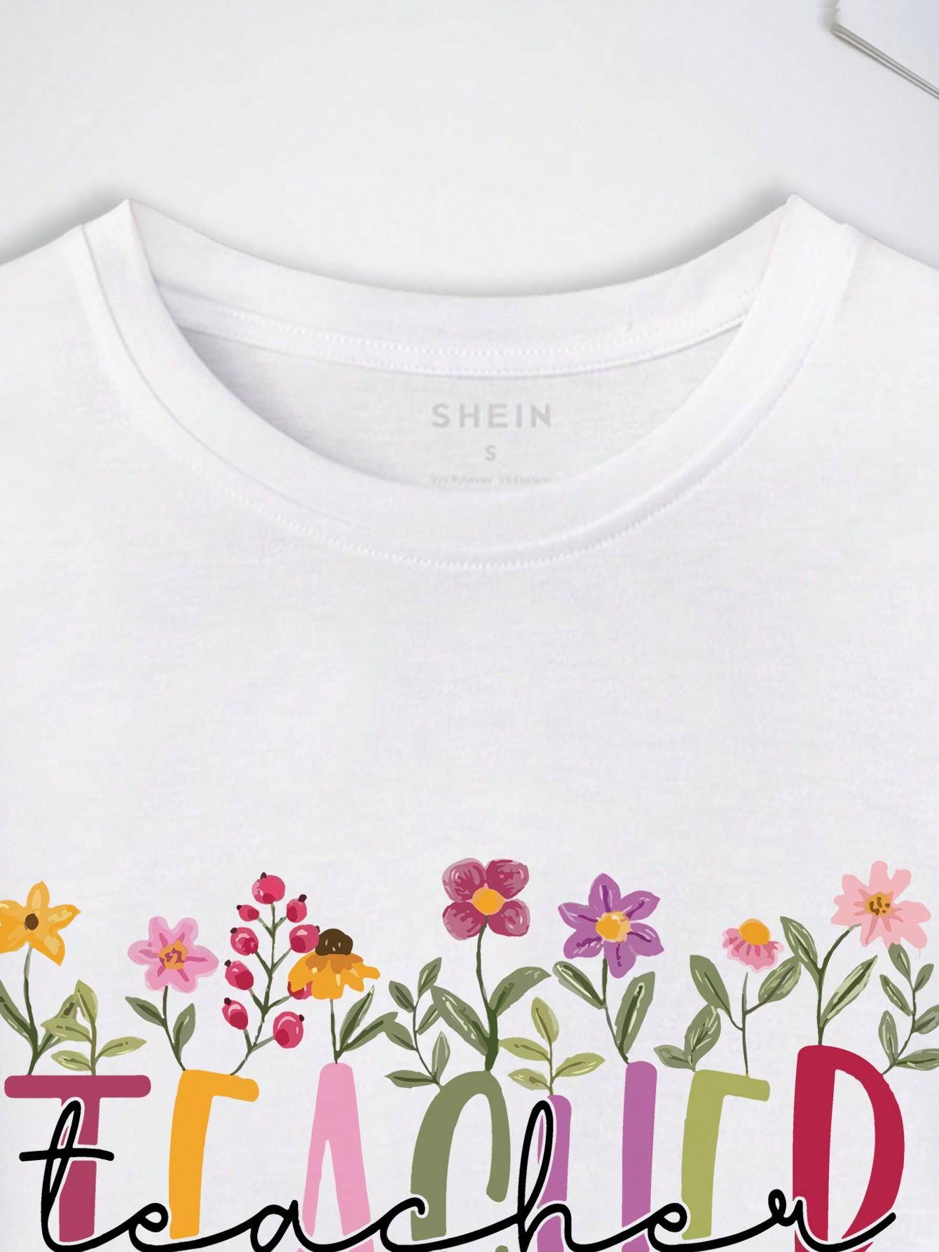 thumbnail image 4 of Women Summer Casual Flower & Letter Printed Short Sleeve T-Shirt Graphic Tees Women Tops, 4 of 5