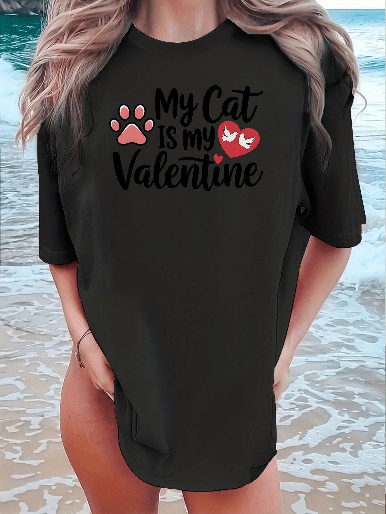 thumbnail image 2 of Valentine's Day Cat Lover T-Shirt, Crew Neck, Knit Fabric, Regular Length, Animal Print, Casual Style, Love & Rose Graphic Tee, All-Season Comfort, Gift for Cat Lovers, 2 of 8
