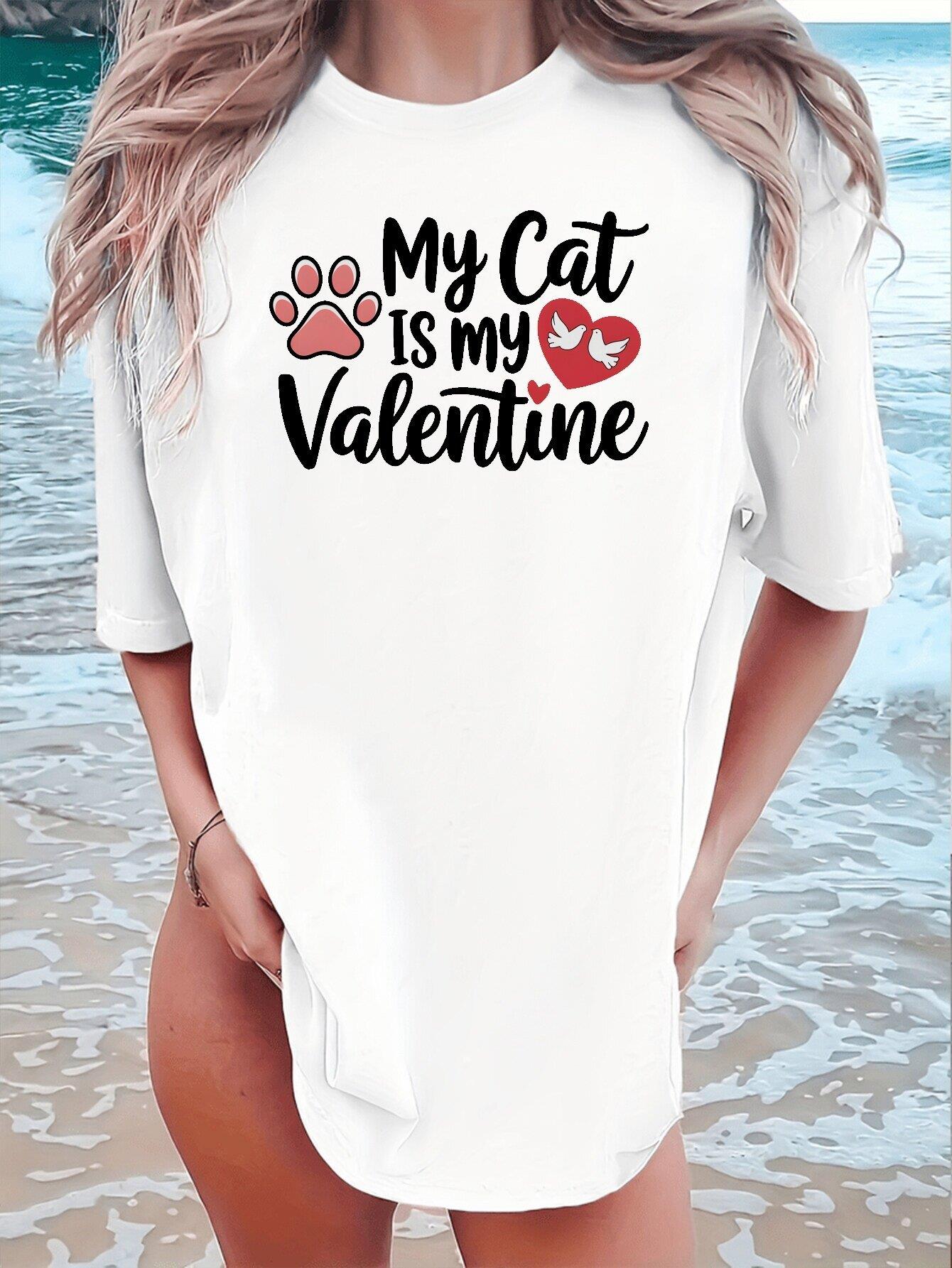 thumbnail image 1 of Valentine's Day Cat Lover T-Shirt, Crew Neck, Knit Fabric, Regular Length, Animal Print, Casual Style, Love & Rose Graphic Tee, All-Season Comfort, Gift for Cat Lovers, 1 of 8