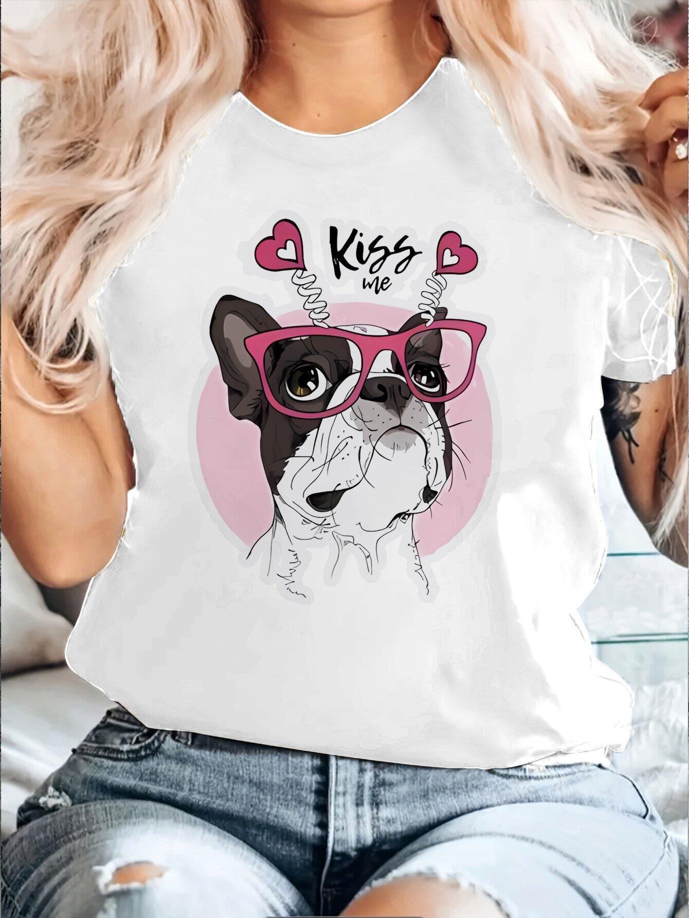 Women's Casual Round Neck Short Sleeve T-Shirt with Pink Heart & Glasses Design, Gift Idea, Valentine's Day Outfit, Print T-shirt, Women's Clothing