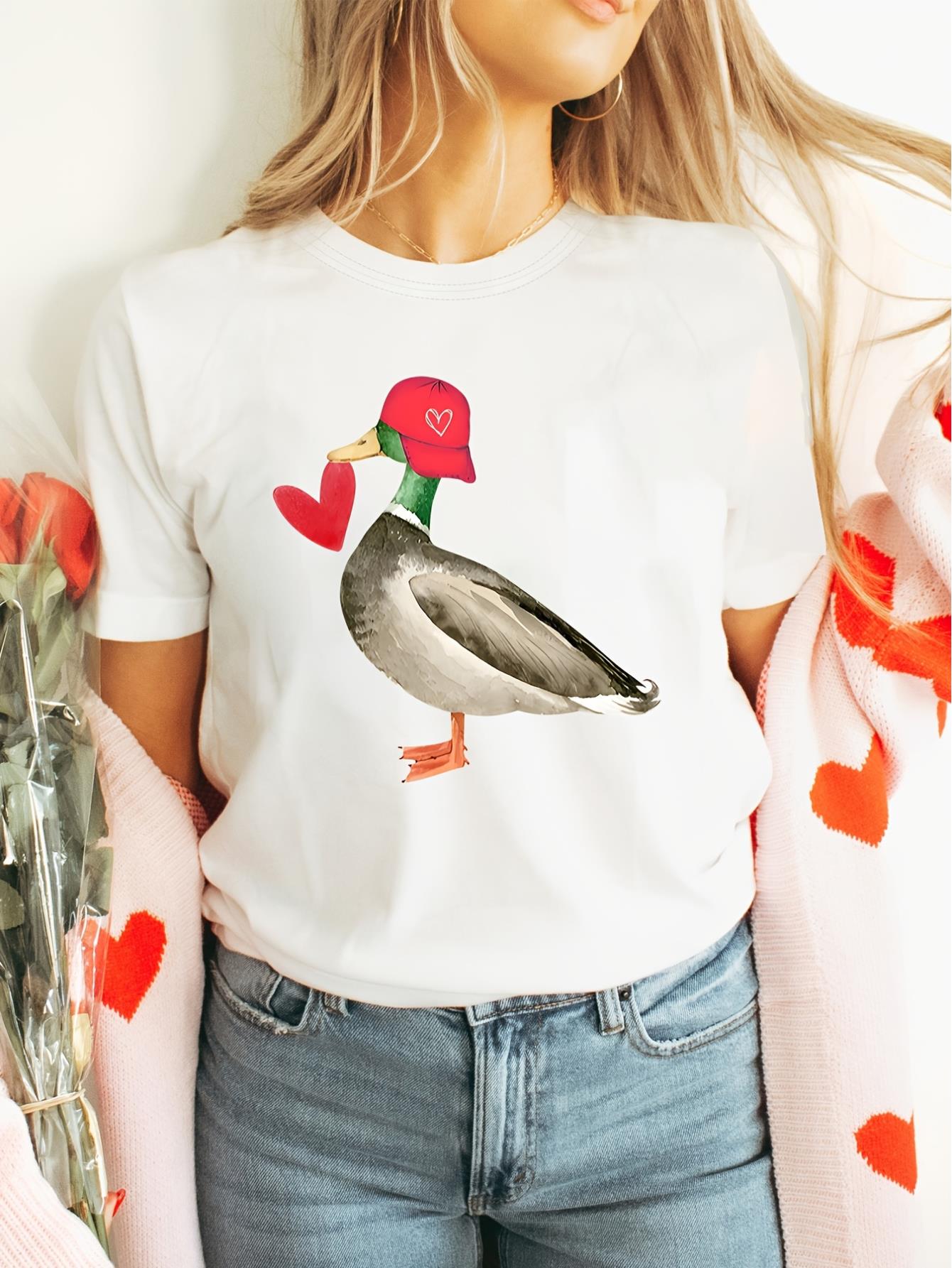 Valentine's Day Duck Graphic Print T-Shirt, Women's Casual Crew Neck Short Sleeve Top, Knit Fabric, All-Season Regular Length Tee with Animal Pattern