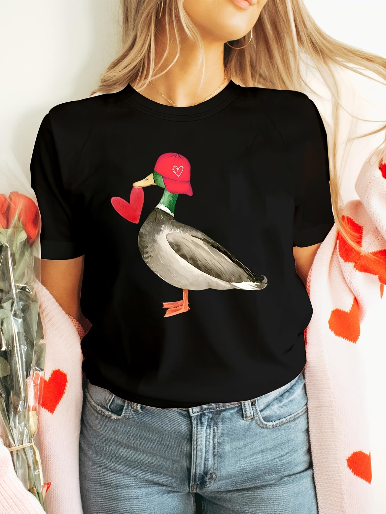 thumbnail image 2 of Valentine's Day Duck Graphic Print T-Shirt, Women's Casual Crew Neck Short Sleeve Top, Knit Fabric, All-Season Regular Length Tee with Animal Pattern, 2 of 7