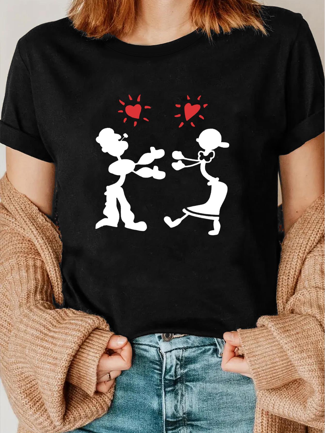 thumbnail image 1 of Valentine's Day Love Embrace Graphic Tee - Casual Crewneck T-Shirt with Cartoon Couple, Short Sleeves, Breathable - Perfect for Everyday & Sports, Cute T Shirts, 1 of 6