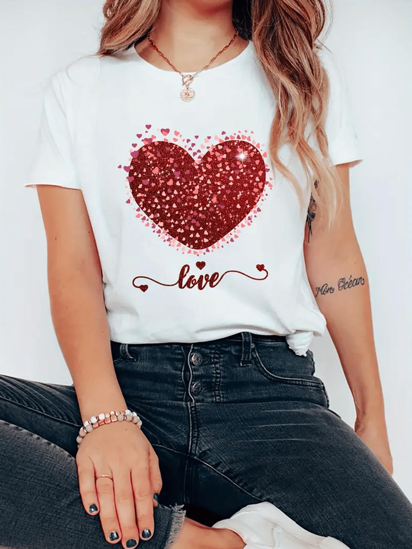 Valentine's Day Heart-Shaped Pattern Printed T-Shirt - Washed Cotton Short-Sleeved Round Neck Women's T-Shirt, The Perfect Choice For Summer Casual Wear