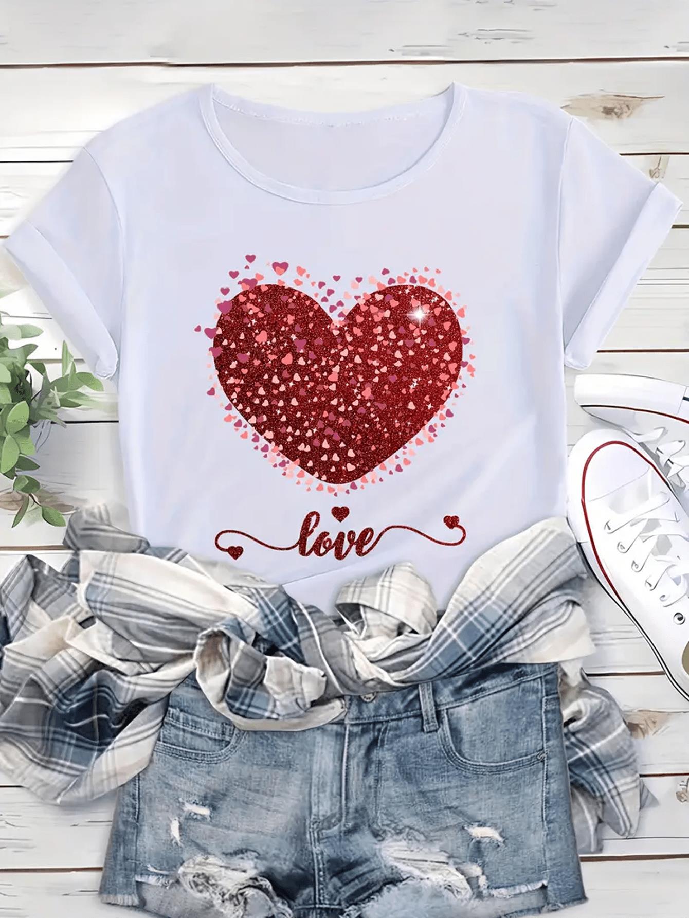 thumbnail image 3 of Valentine's Day Heart-Shaped Pattern Printed T-Shirt - Washed Cotton Short-Sleeved Round Neck Women's T-Shirt, The Perfect Choice For Summer Casual Wear, 3 of 6