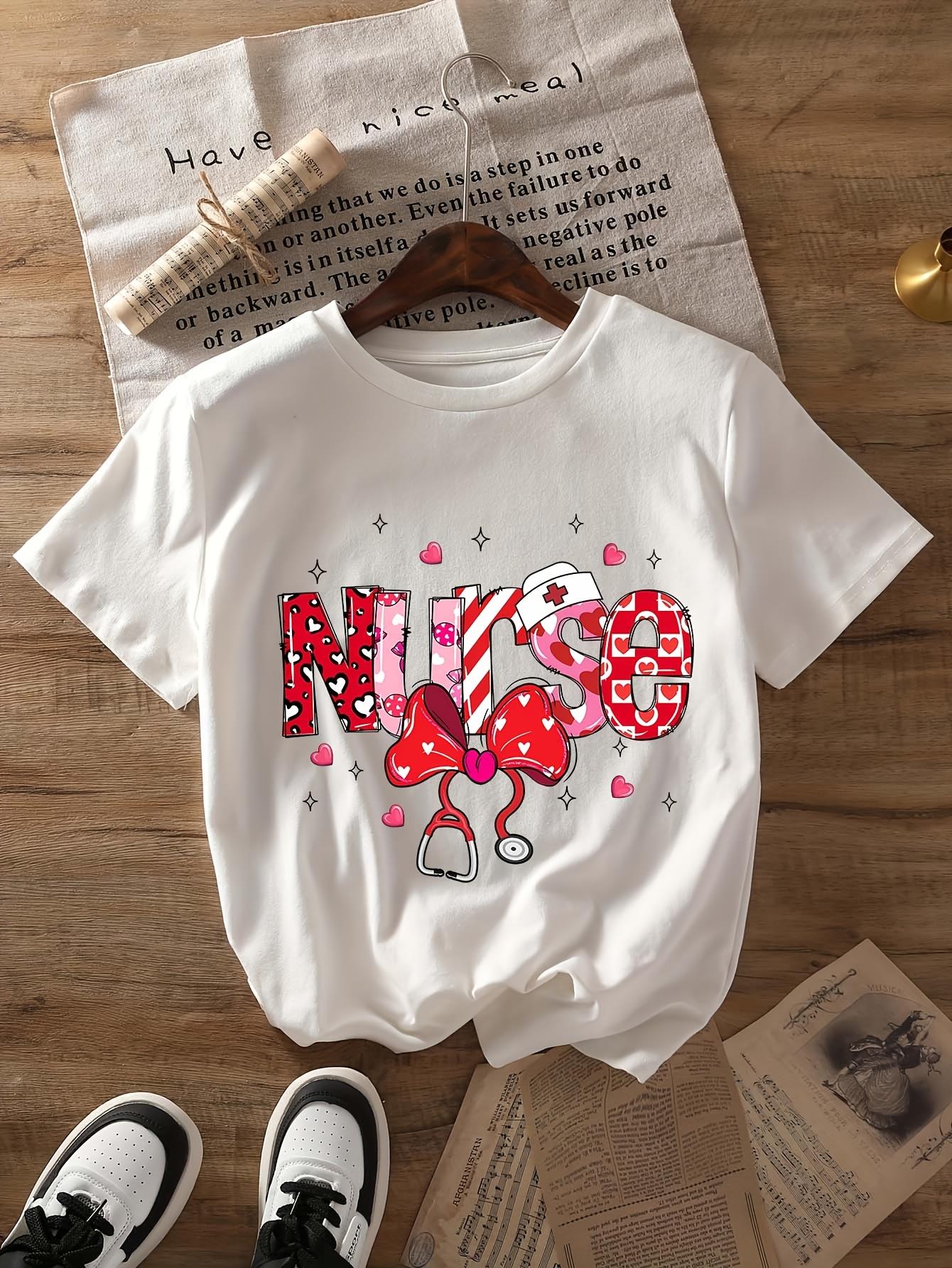 thumbnail image 2 of Nurse Valentine's Day Seductive Bow Graphic Print T-shirt, Short Sleeve Crew Neck Casual Top For Summer & Spring, Women's Clothing, 2 of 7
