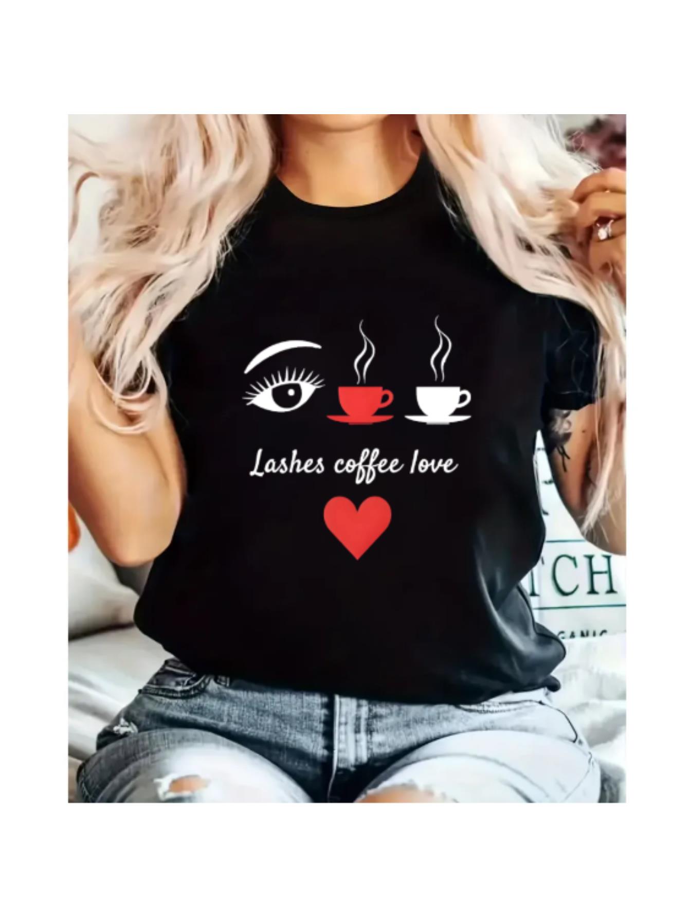 Valentine's Day Women's MTV-Inspired Leopard Print Casual T-Shirt - "Lashes & Coffee Love" Graphic, Comfortable Short Sleeve, Round Neck Valentine's Day T-Shirts