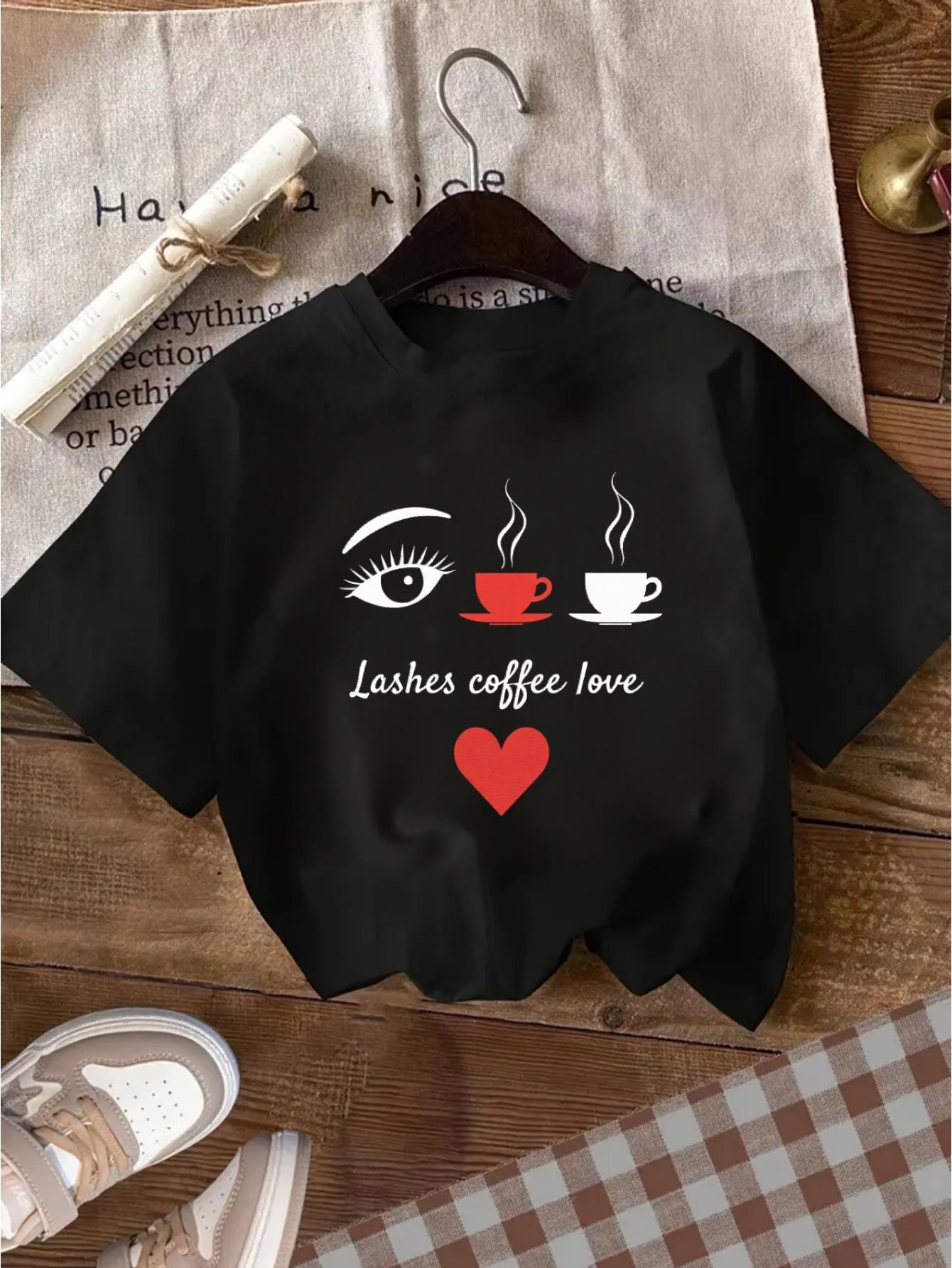thumbnail image 2 of Valentine's Day Women's MTV-Inspired Leopard Print Casual T-Shirt - "Lashes & Coffee Love" Graphic, Comfortable Short Sleeve, Round Neck Valentine's Day T-Shirts, 2 of 7