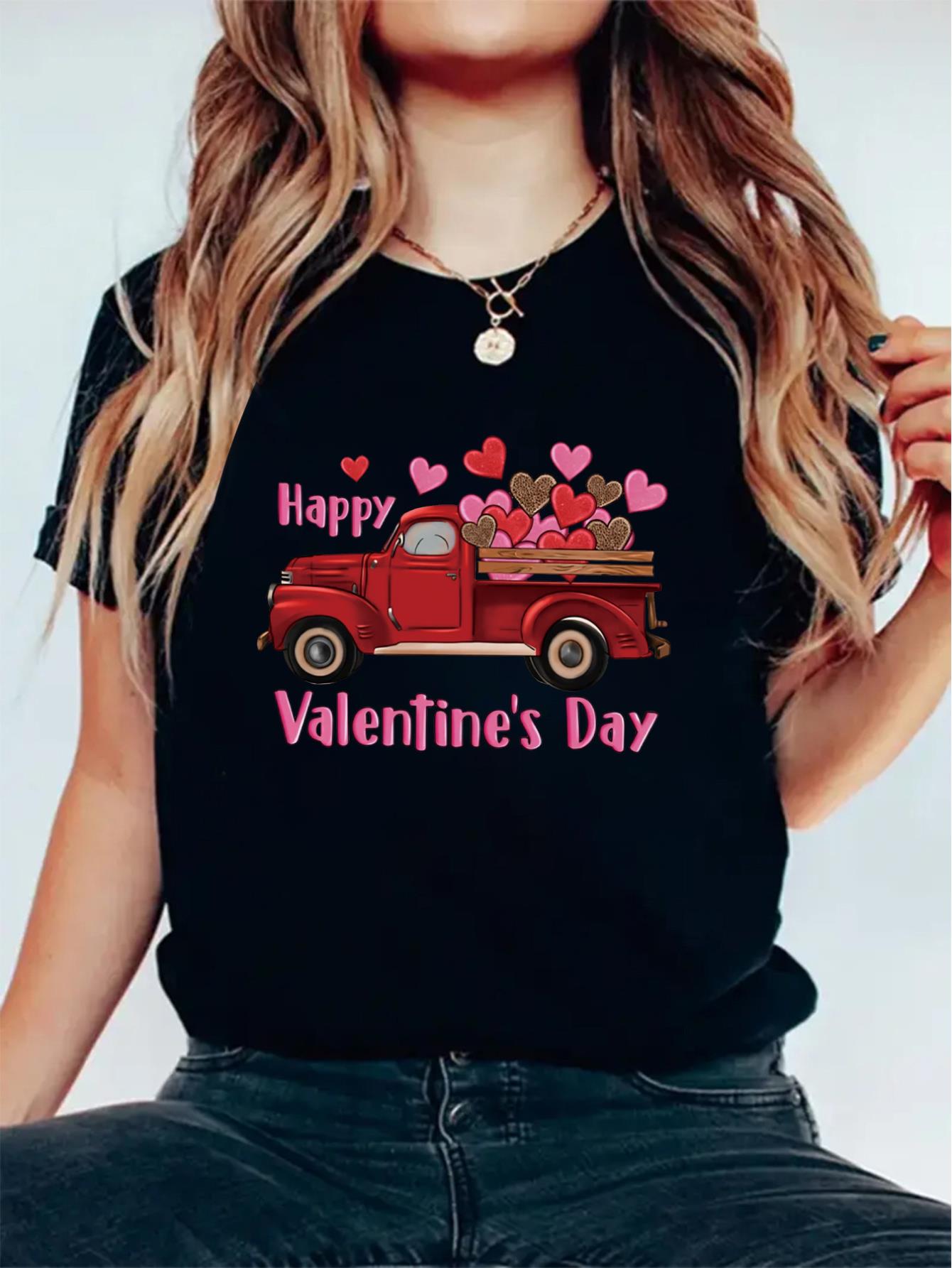 thumbnail image 1 of Valentine'S Day Car Hearts Print Tee Women'S Valentine'S Day Cotton T-Shirt, Casual Crew Neck, Short Sleeve, Medium Stretch Knit Fabric, with Car and Hearts Graphic, 1 of 6