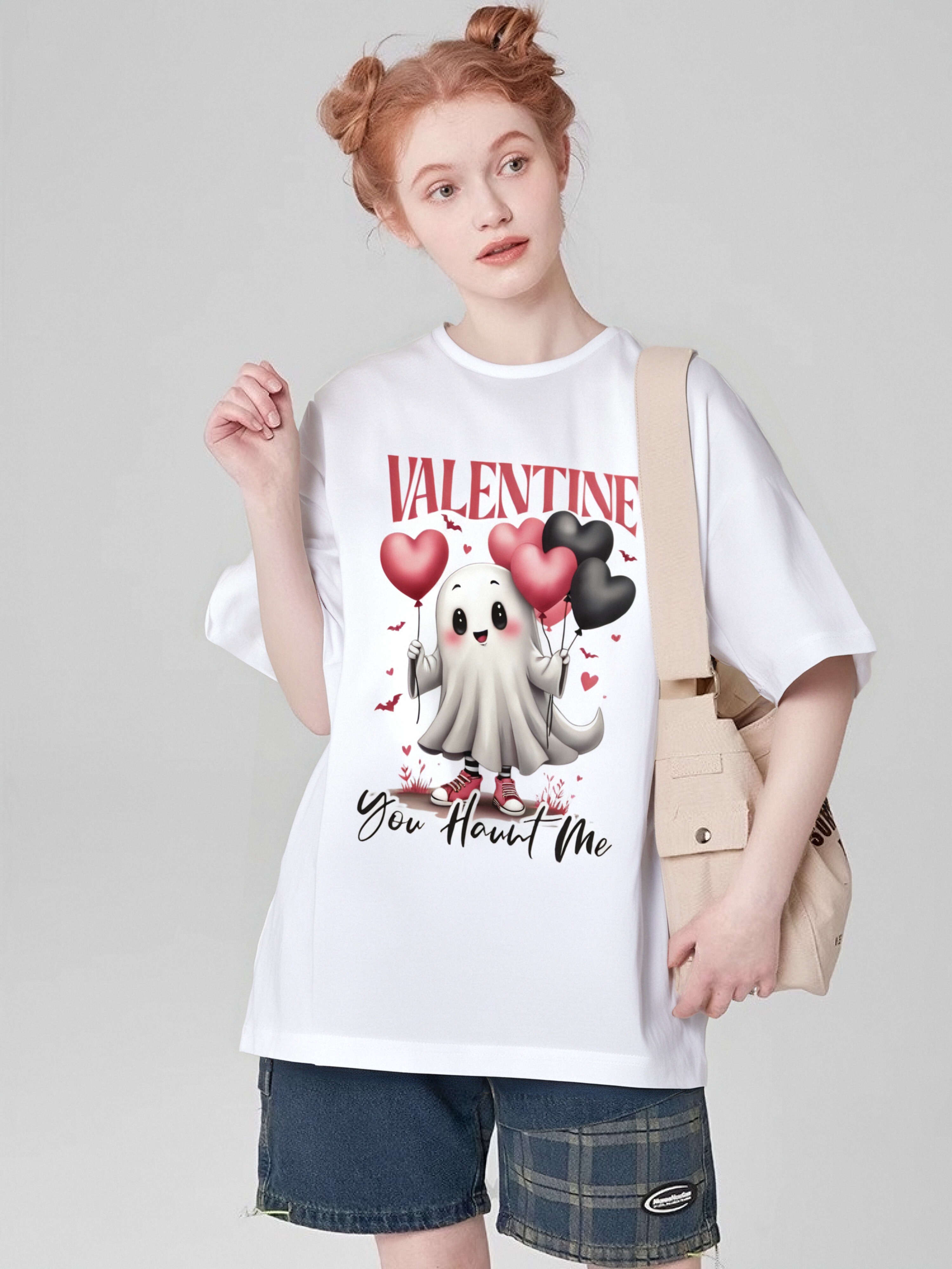 thumbnail image 1 of Valentine's Day "You Have Me" Print Women's T-Shirt - Casual & Sporty Round Neck, Long Sleeve, in White with Pink & Black Hearts Design - Perfect for Parties & Casual Attire, 1 of 6
