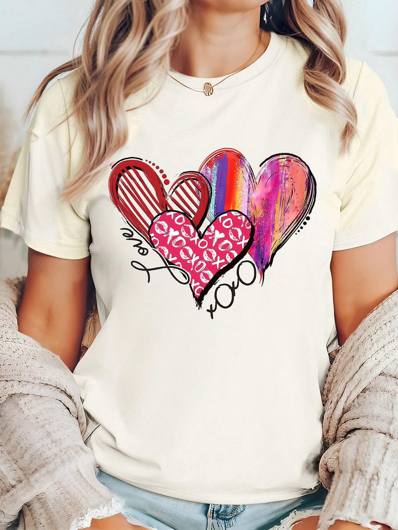 Valentine's Day Heart Graphic Print Casual Women Short Sleeve T-Shirt