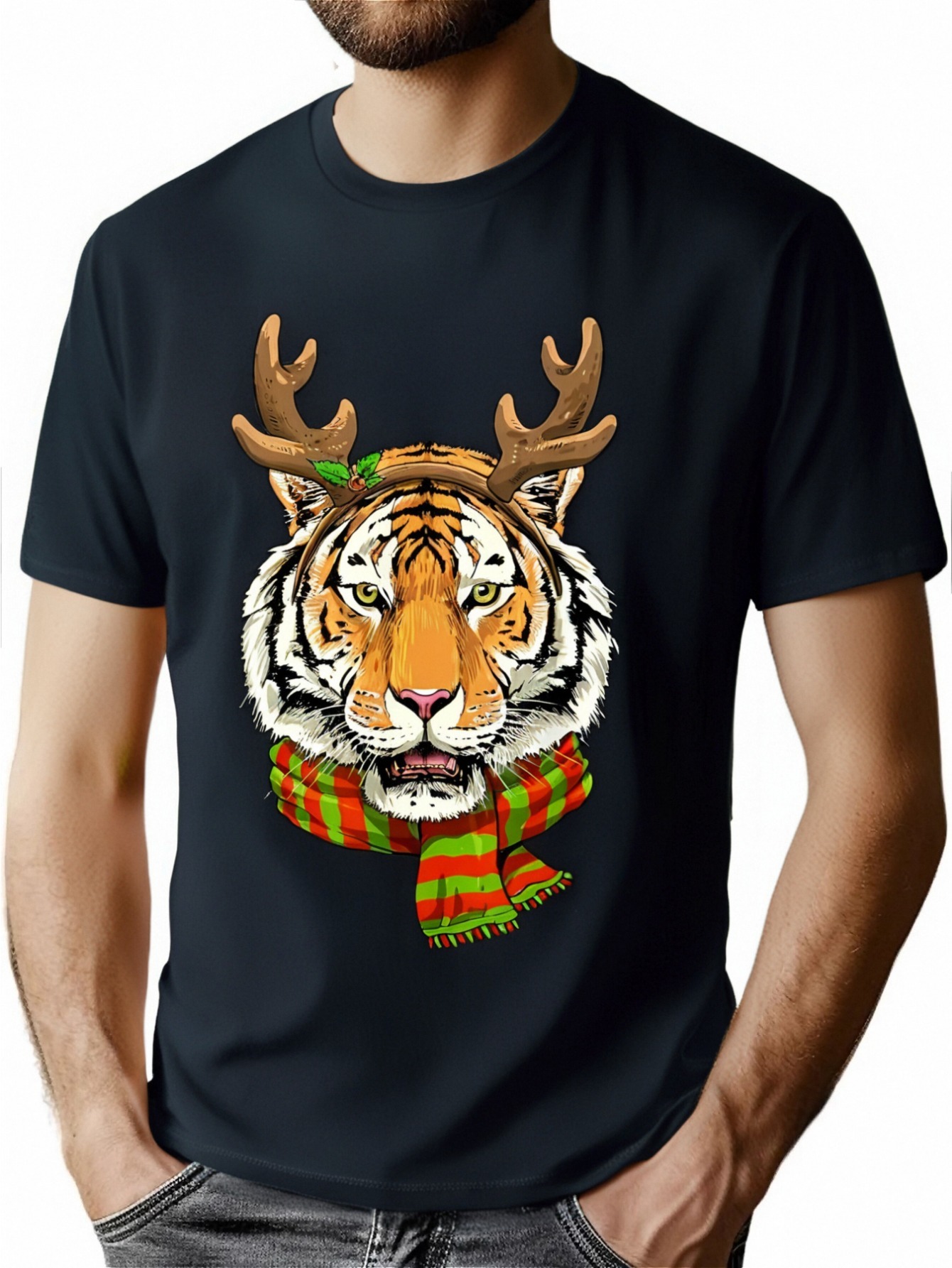 thumbnail image 1 of Tiger Reindeer Christmas Animal With Antlers T-Shirt100% Cotton - 220g, 1 of 7