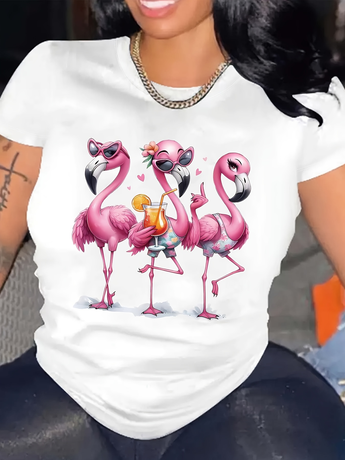 thumbnail image 1 of Women's Vibrant Purple Flamingo Graphic T-Shirt - Casual Short Sleeve Crew Neck Top, Polyester, Machine Washable, Perfect for Summer & Spring, Casual Wear|Fun Print Tshirt|Polyester Fabric, 1 of 7