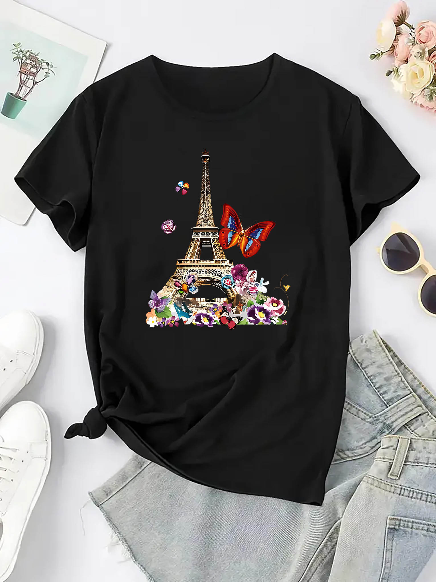 thumbnail image 4 of Women's Stylish Eiffel Tower & Butterfly Floral Print T-Shirt - Soft Polyester Blend, Casual Round Neck Short Sleeve Tee for Summer, Lightweight & Comfortable Fit, Leisure Apparel | Paris Theme Appar, 4 of 8